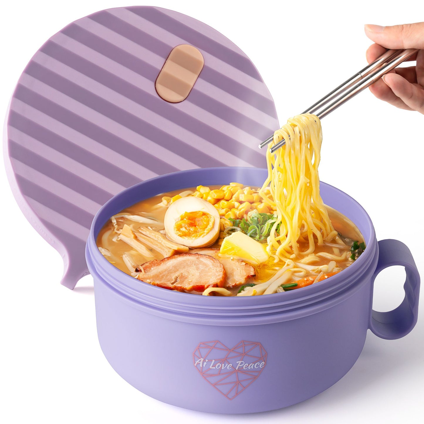 Ai Love Peace Ramen Bowl, Ramen Cooker, Microwave Ramen Bowl, Large Noodle Bowl 40 oz,Microwave Bowl with Lid, Portable Noodle Bowls, Ramen Bowl Microwavable for Home Office Dorm Room College gift.