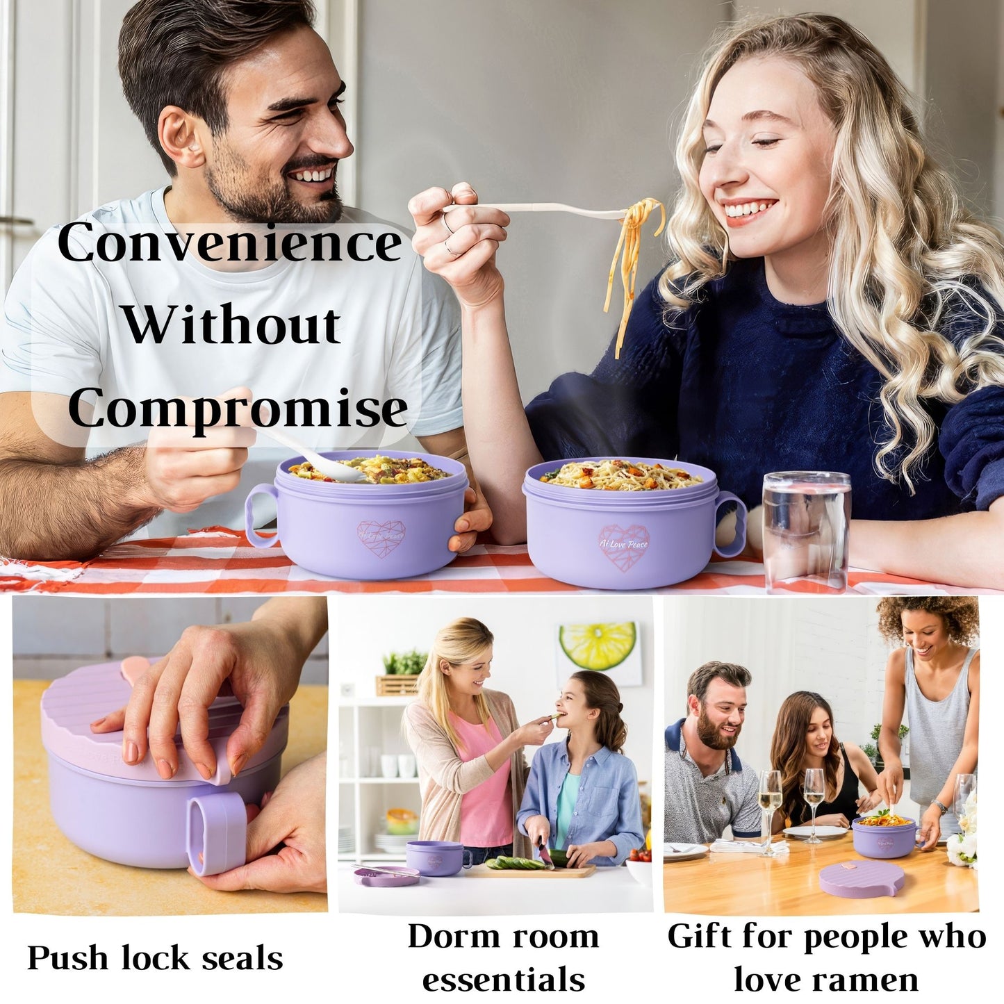 Ai Love Peace Ramen Bowl, Ramen Cooker, Microwave Ramen Bowl, Large Noodle Bowl 40 oz,Microwave Bowl with Lid, Portable Noodle Bowls, Ramen Bowl Microwavable for Home Office Dorm Room College gift.