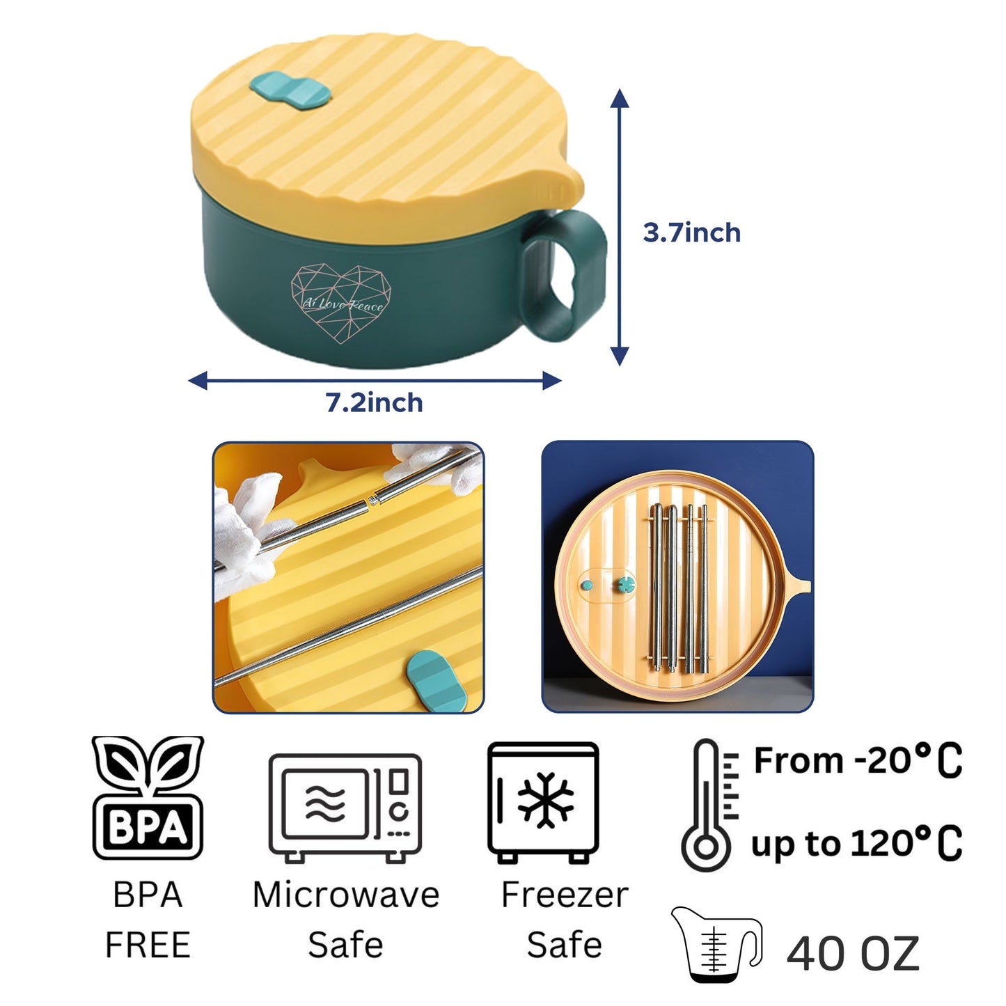 Ai Love Peace Ramen Bowl, Ramen Cooker, Microwave Ramen Bowl, Large Noodle Bowl 40 oz,Microwave Bowl with Lid, Portable Noodle Bowls, Ramen Bowl Microwavable for Home Office Dorm Room College gift.
