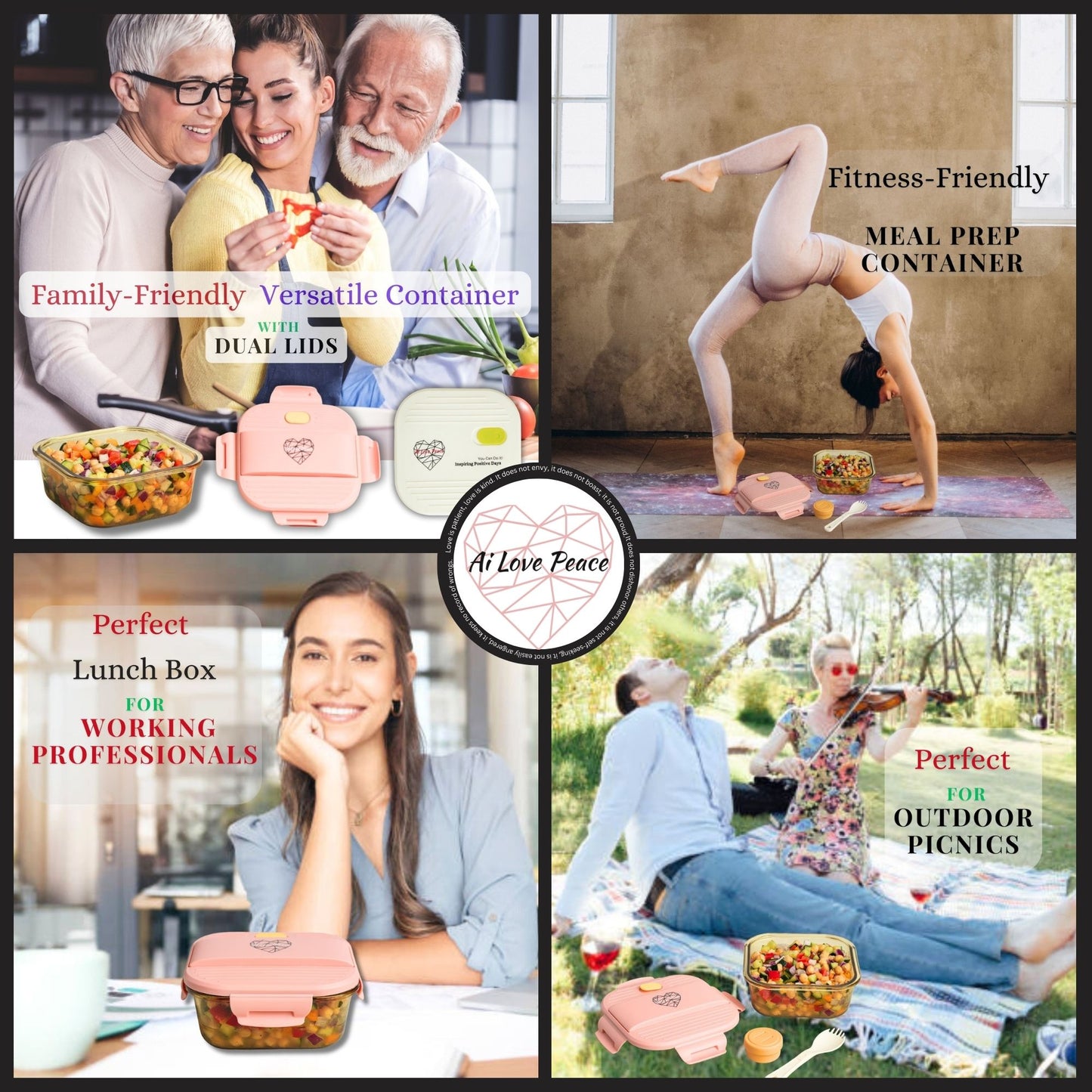 Ai Love Peace Glass Lunch Container – Perfect for On-the-Go Meals