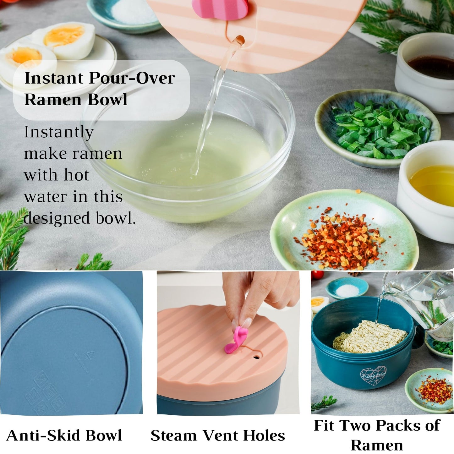 Ai Love Peace Ramen Bowl, Ramen Cooker, Microwave Ramen Bowl, Large Noodle Bowl 40 oz,Microwave Bowl with Lid, Portable Noodle Bowls, Ramen Bowl Microwavable for Home Office Dorm Room College gift.