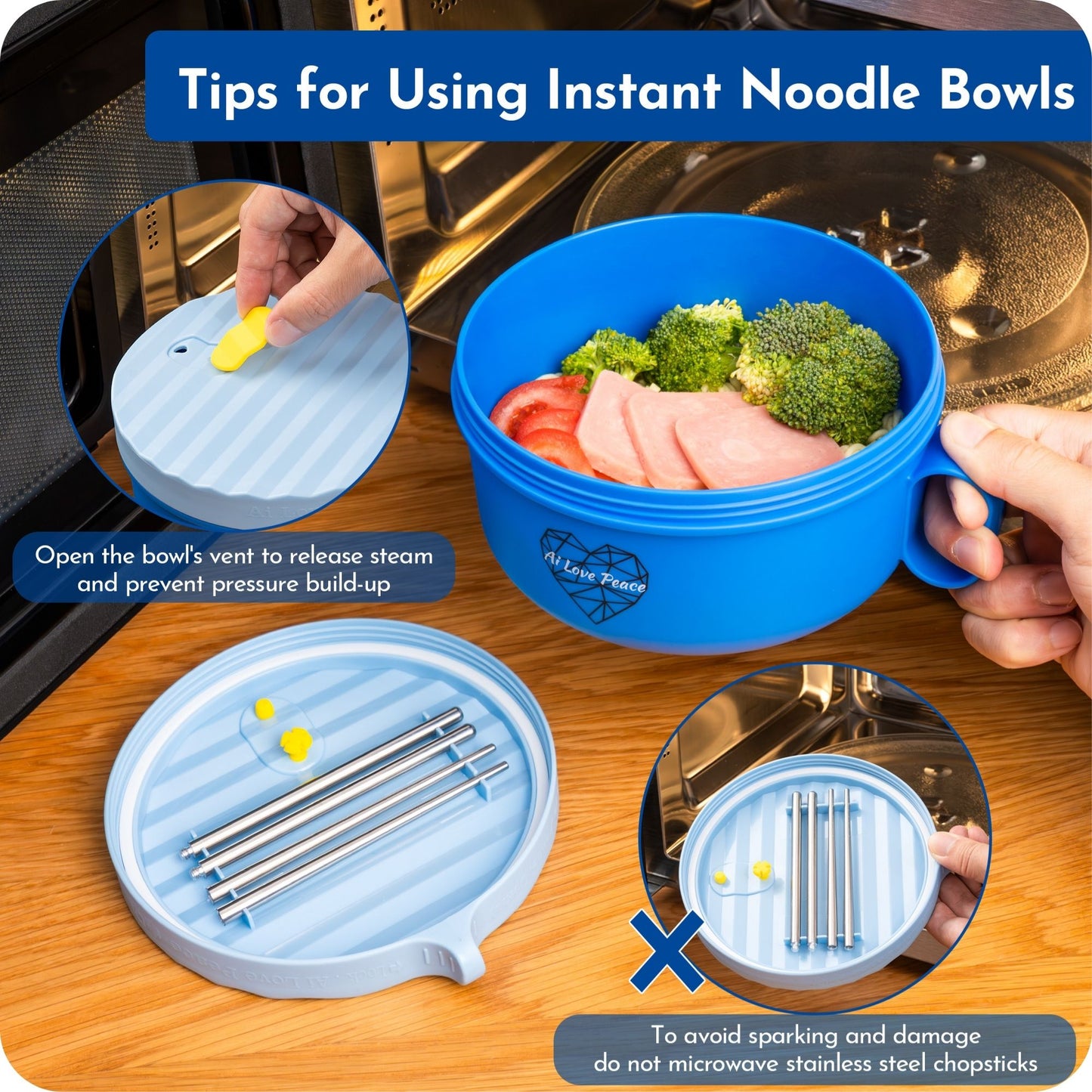 Ai Love Peace Ramen Bowl, Ramen Cooker, Microwave Ramen Bowl, Large Noodle Bowl 40 oz,Microwave Bowl with Lid, Portable Noodle Bowls, Ramen Bowl Microwavable for Home Office Dorm Room College gift.