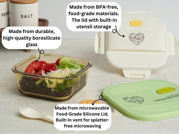 Ai Love Peace Glass Lunch Container – Perfect for On-the-Go Meals( White & Green)