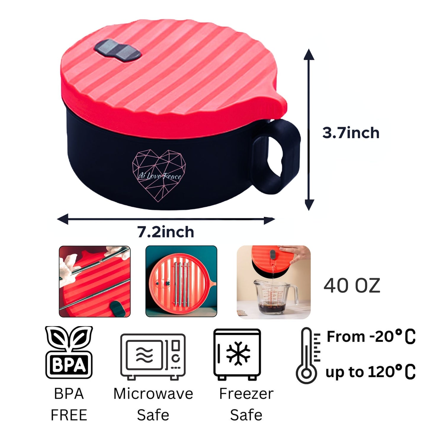 Ai Love Peace Ramen Bowl, Ramen Cooker, Microwave Ramen Bowl, Large Noodle Bowl 40 oz,Microwave Bowl with Lid, Portable Noodle Bowls, Ramen Bowl Microwavable for Home Office Dorm Room College gift.
