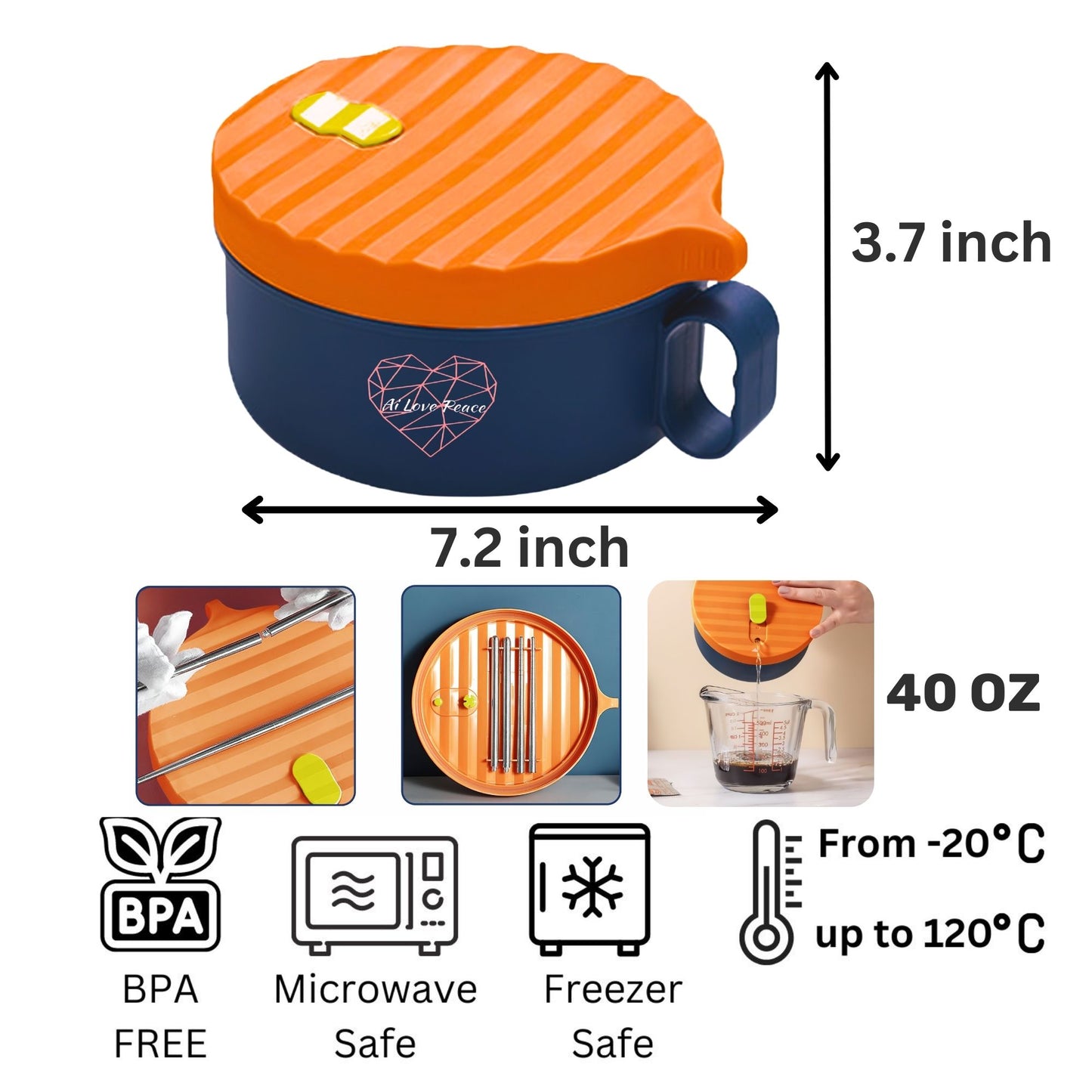 Ai Love Peace Ramen Bowl, Ramen Cooker, Microwave Ramen Bowl, Large Noodle Bowl 40 oz,Microwave Bowl with Lid, Portable Noodle Bowls, Ramen Bowl Microwavable for Home Office Dorm Room College gift.