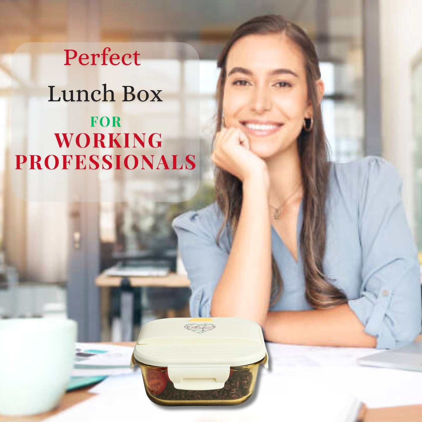 Ai Love Peace Glass Lunch Container – Perfect for On-the-Go Meals( White & Green)