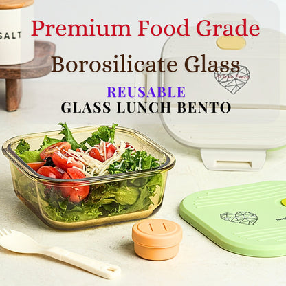 Ai Love Peace Glass Lunch Container – Perfect for On-the-Go Meals( White & Green)