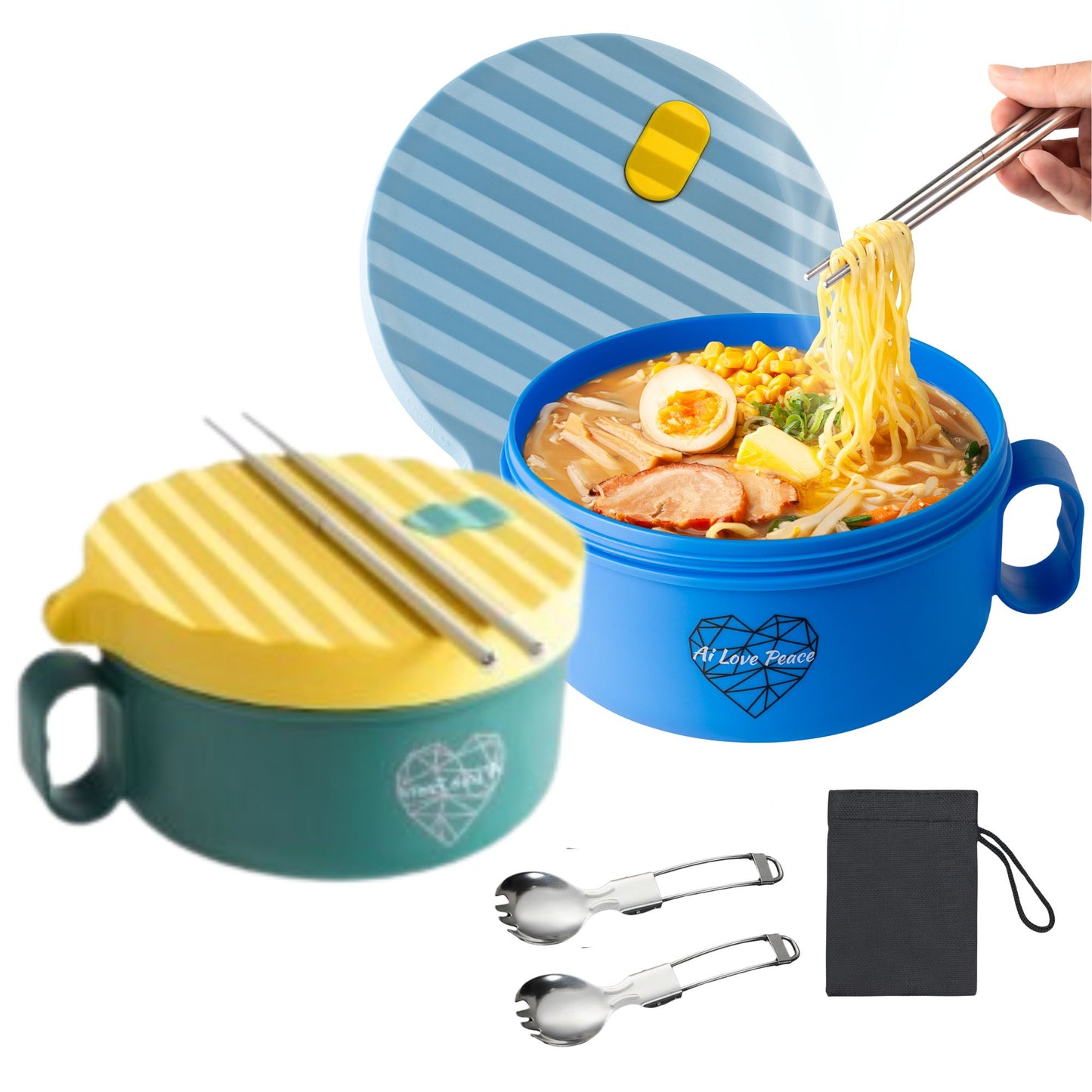 Microwave Ramen Bowl Set – Heat, Eat & Go | Leak-Proof with Folding Spork & Utensil Bag Success Active Submit Title