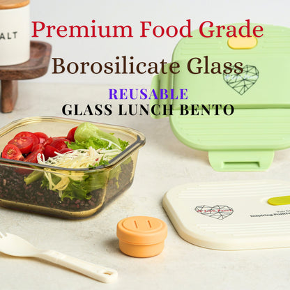 Ai Love Peace Glass Lunch Container – Perfect for On-the-Go Meals ( Green & White)
