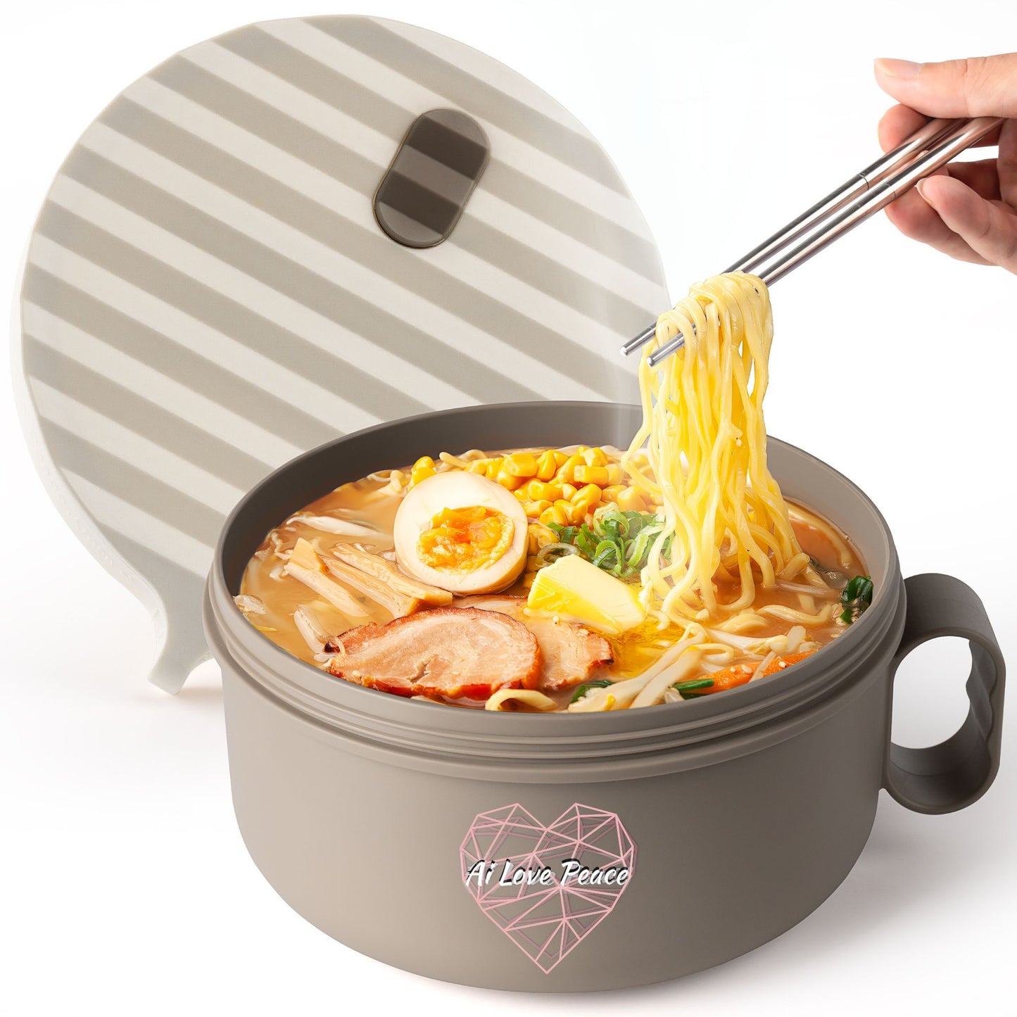 Ai Love Peace Ramen Bowl, Ramen Cooker, Microwave Ramen Bowl, Large Noodle Bowl 40 oz,Microwave Bowl with Lid, Portable Noodle Bowls, Ramen Bowl Microwavable for Home Office Dorm Room College gift.