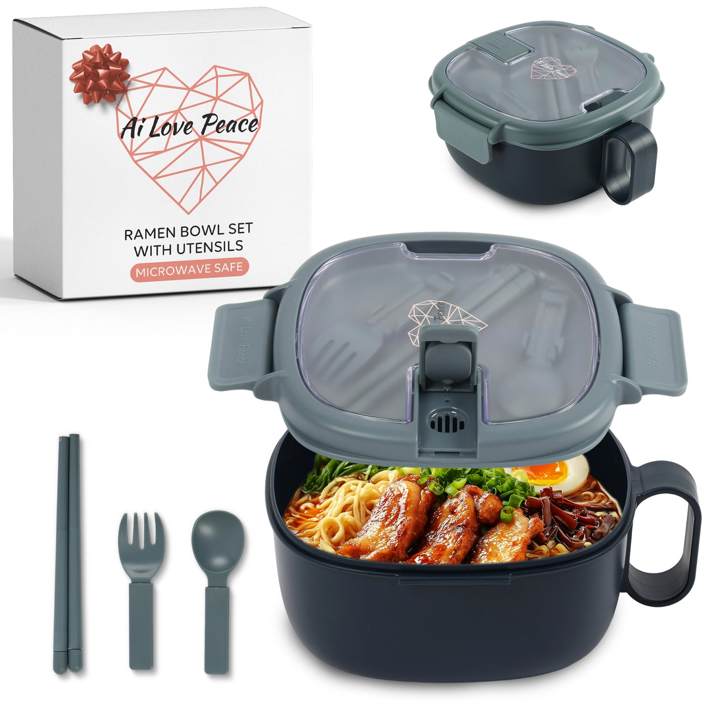 Microwavable Ramen Bowl - Leakproof Container with Lid & Built-In Utensils