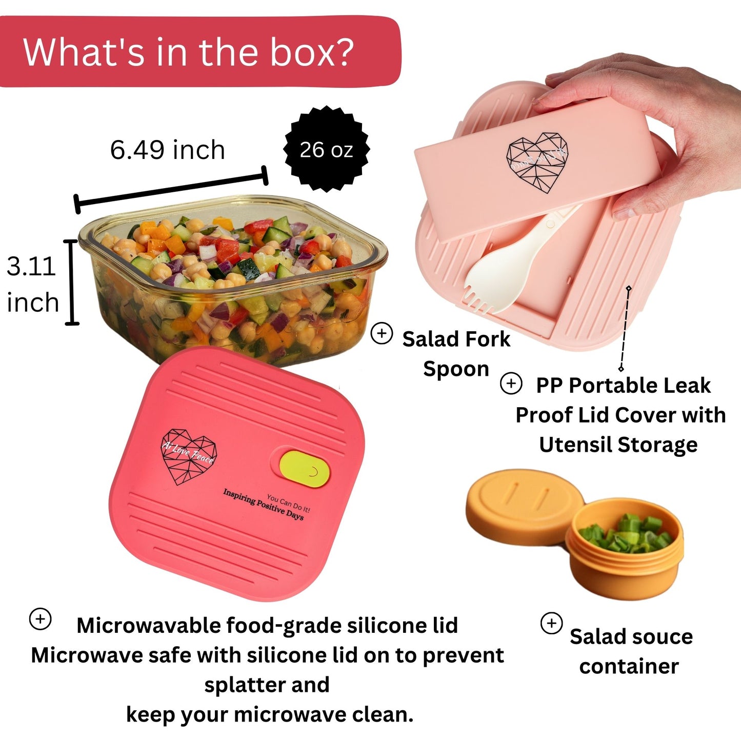 Ai Love Peace Glass Lunch Container – Perfect for On-the-Go Meals ( Pink & Red)