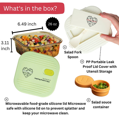 Ai Love Peace Glass Lunch Container – Perfect for On-the-Go Meals( White & Green)