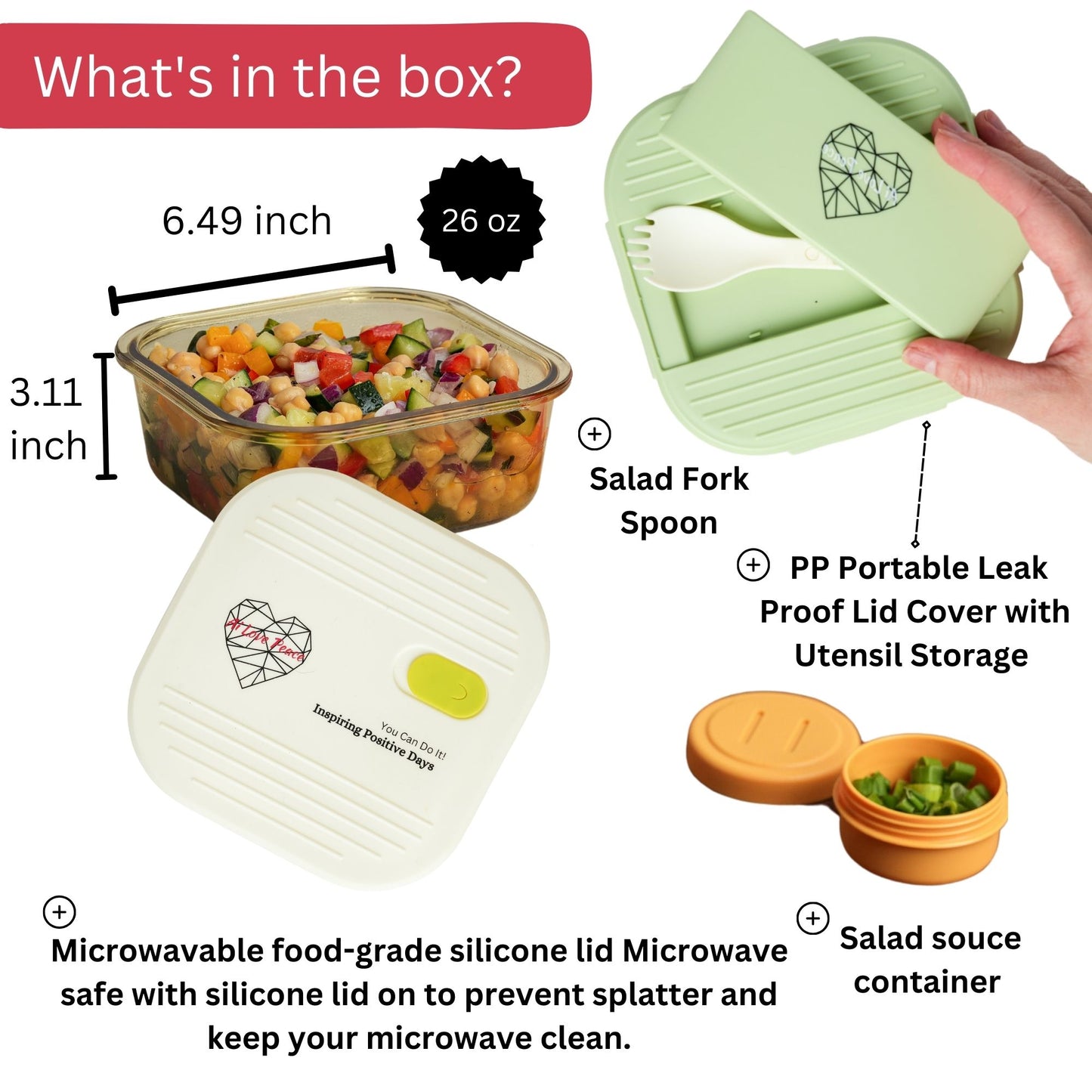 Ai Love Peace Glass Lunch Container – Perfect for On-the-Go Meals ( Green & White)