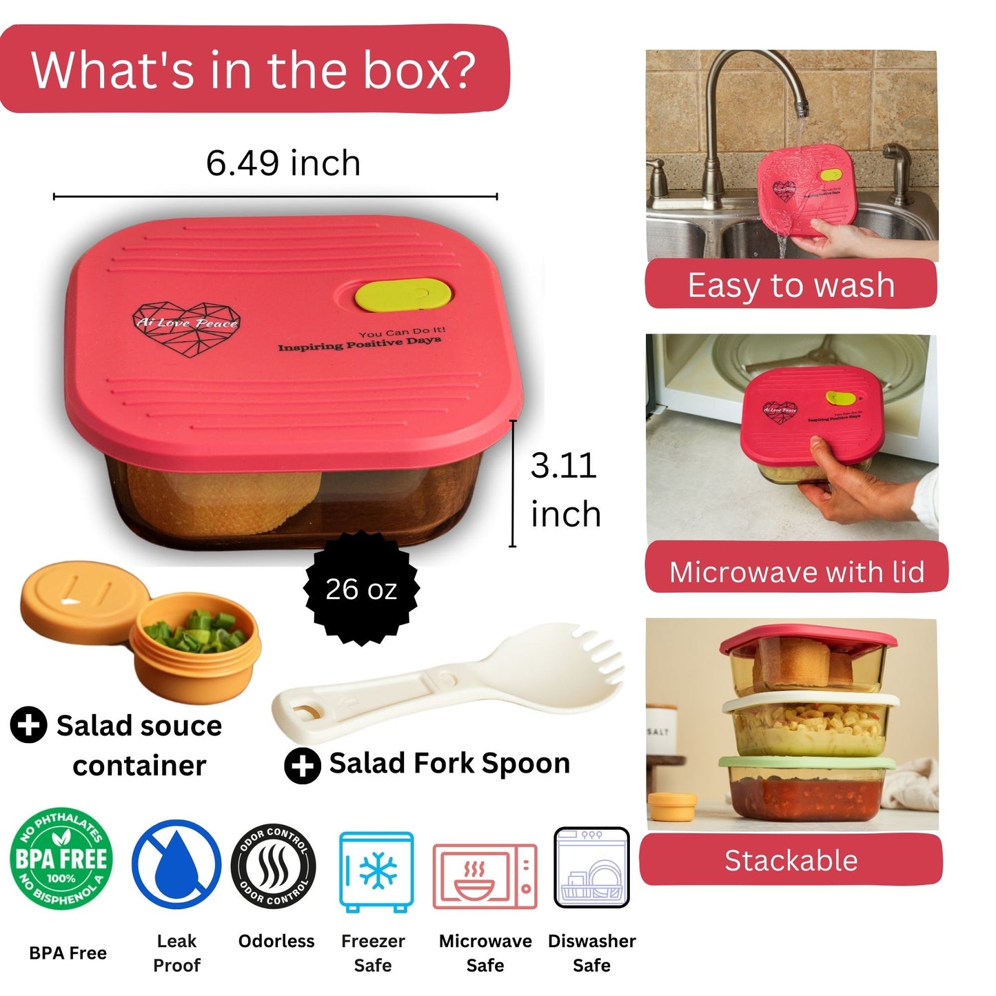 Ai Love Peace Glass Lunch Container – Perfect for On-the-Go Meals ( White & Red)