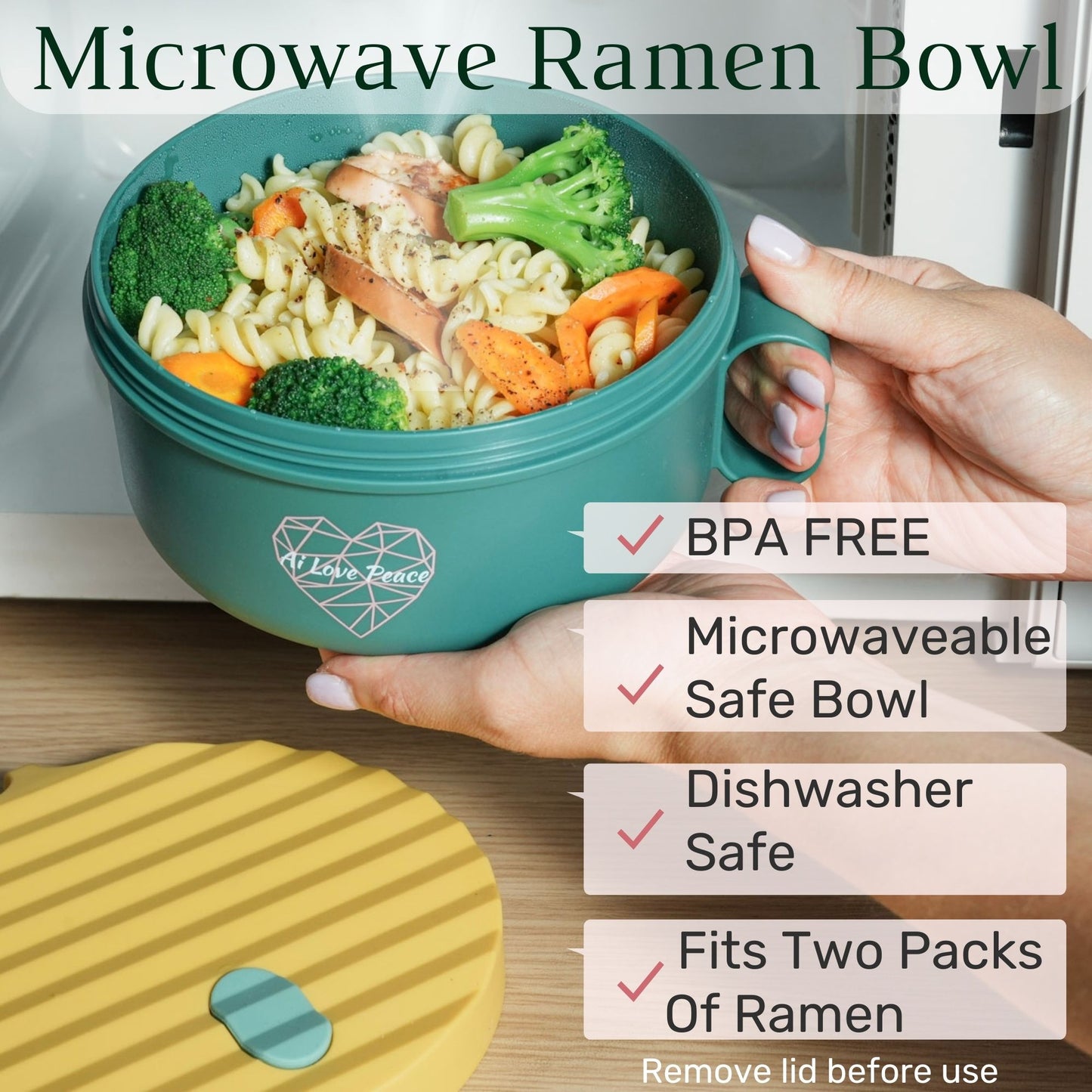 Ai Love Peace Ramen Bowl, Ramen Cooker, Microwave Ramen Bowl, Large Noodle Bowl 40 oz,Microwave Bowl with Lid, Portable Noodle Bowls, Ramen Bowl Microwavable for Home Office Dorm Room College gift.