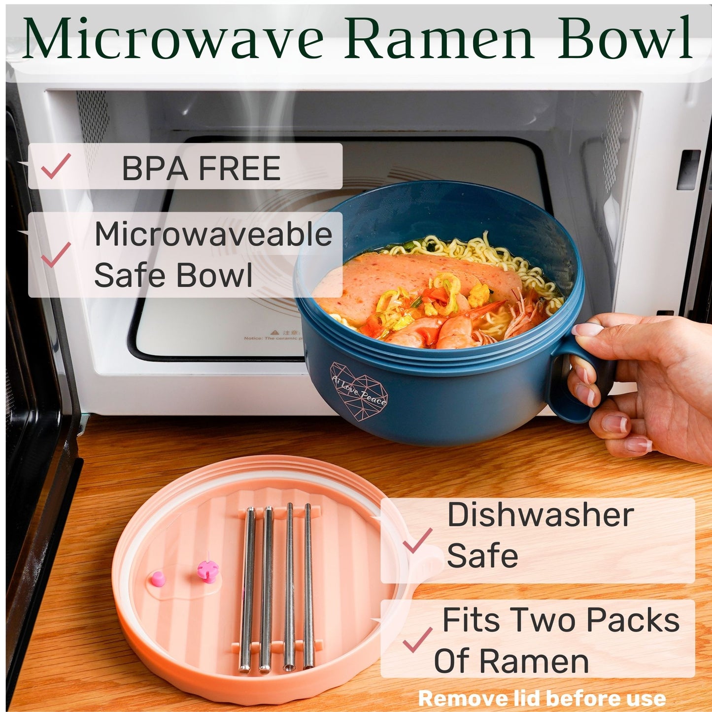 Ai Love Peace Ramen Bowl, Ramen Cooker, Microwave Ramen Bowl, Large Noodle Bowl 40 oz,Microwave Bowl with Lid, Portable Noodle Bowls, Ramen Bowl Microwavable for Home Office Dorm Room College gift.