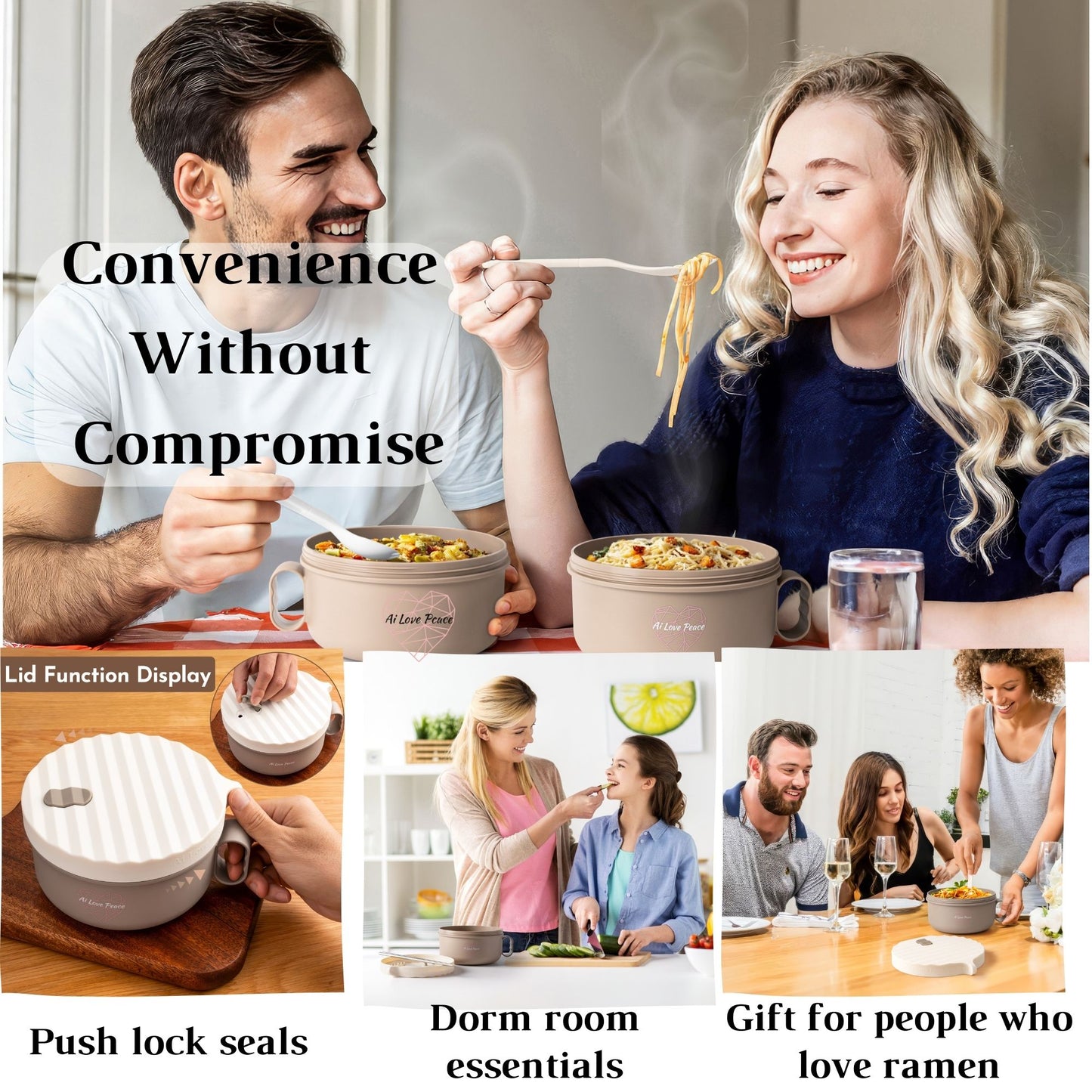 Ai Love Peace Ramen Bowl, Ramen Cooker, Microwave Ramen Bowl, Large Noodle Bowl 40 oz,Microwave Bowl with Lid, Portable Noodle Bowls, Ramen Bowl Microwavable for Home Office Dorm Room College gift.