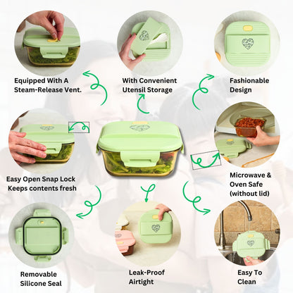 Ai Love Peace Glass Lunch Container – Perfect for On-the-Go Meals ( Green & White)