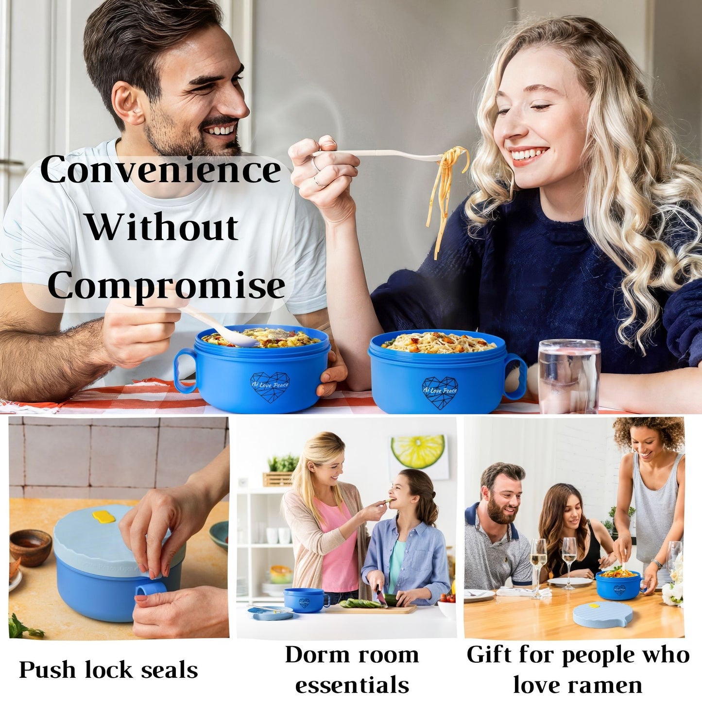 Ai Love Peace Ramen Bowl, Ramen Cooker, Microwave Ramen Bowl, Large Noodle Bowl 40 oz,Microwave Bowl with Lid, Portable Noodle Bowls, Ramen Bowl Microwavable for Home Office Dorm Room College gift.