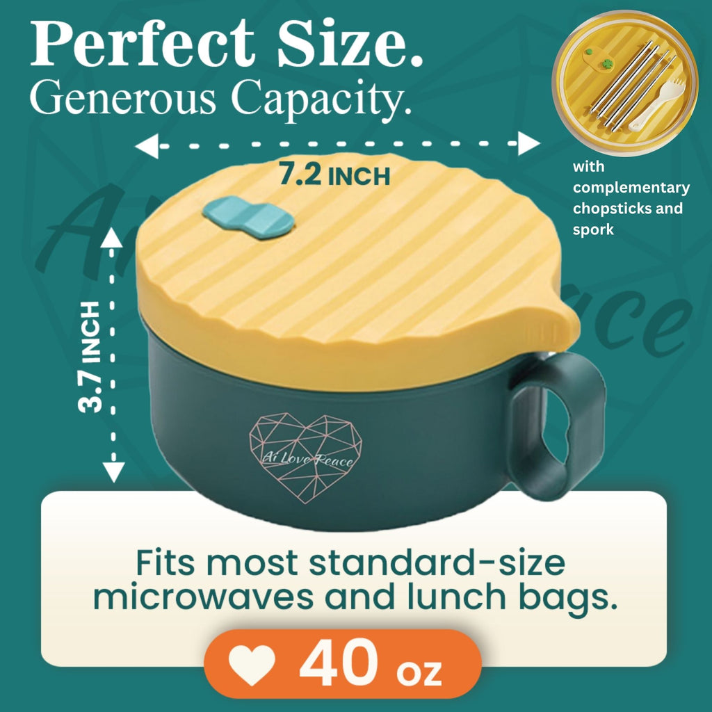 Ai Love Peace Ramen Bowl, Ramen Cooker, Microwave Ramen Bowl, Large Noodle Bowl 40 oz,Microwave Bowl with Lid, Portable Noodle Bowls, Ramen Bowl Microwavable for Home Office Dorm Room College gift.