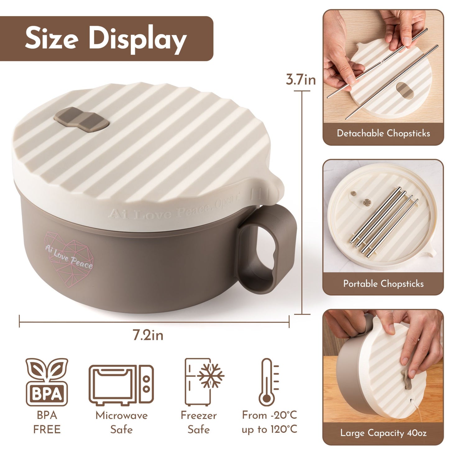Ai Love Peace Ramen Bowl, Ramen Cooker, Microwave Ramen Bowl, Large Noodle Bowl 40 oz,Microwave Bowl with Lid, Portable Noodle Bowls, Ramen Bowl Microwavable for Home Office Dorm Room College gift.