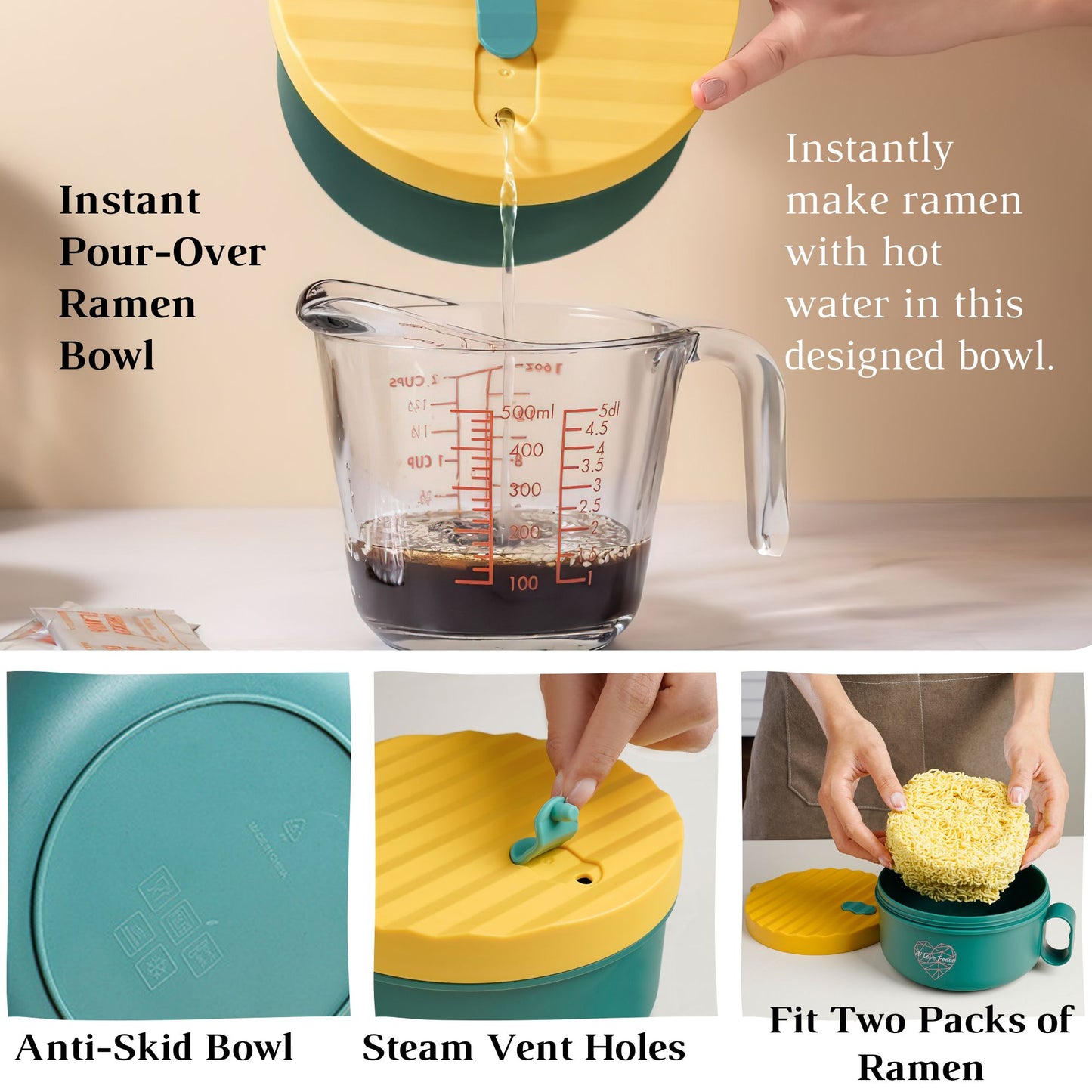 Ai Love Peace Ramen Bowl, Ramen Cooker, Microwave Ramen Bowl, Large Noodle Bowl 40 oz,Microwave Bowl with Lid, Portable Noodle Bowls, Ramen Bowl Microwavable for Home Office Dorm Room College gift.