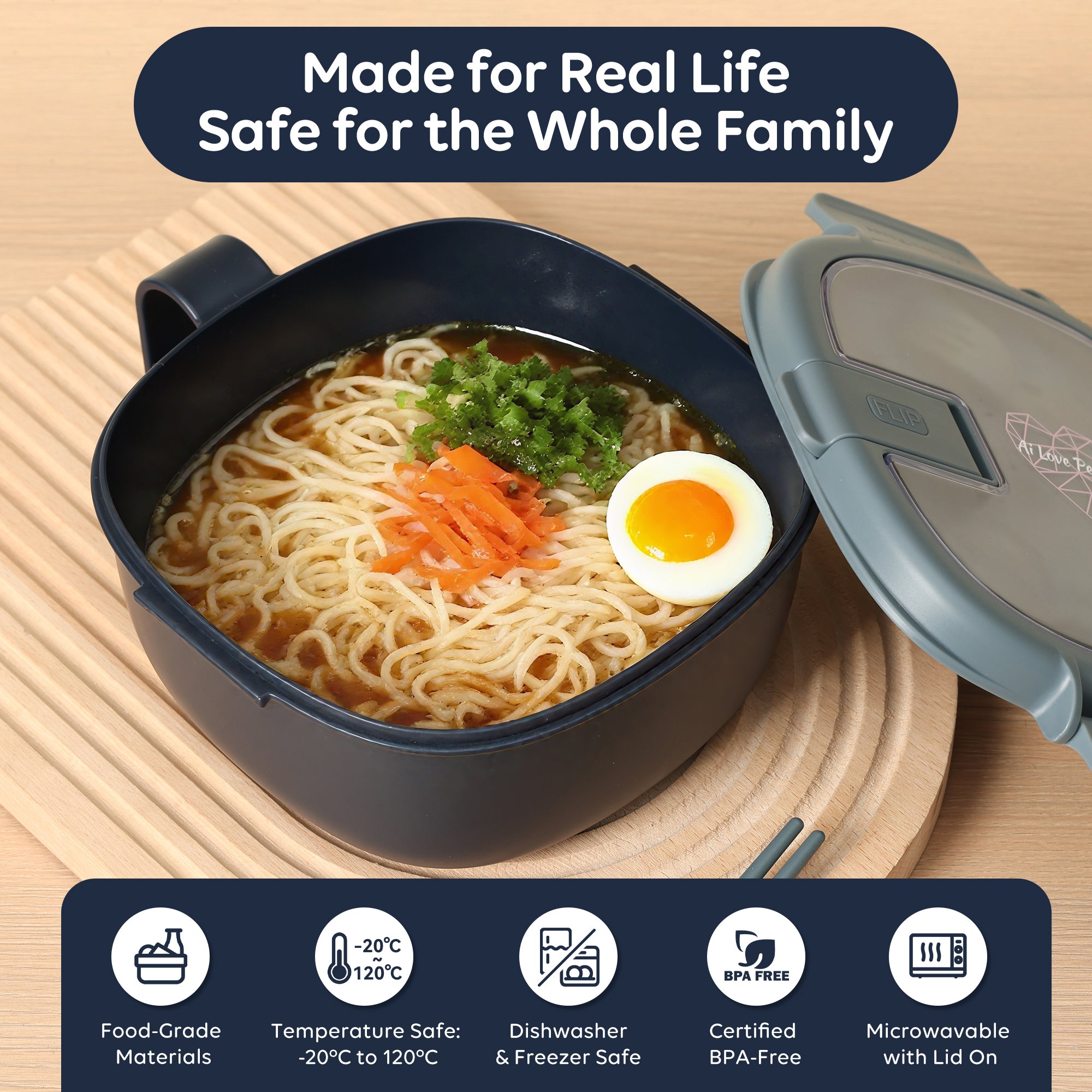Ai Love Peace Square Dual Bowl Set — Microwave-Safe Ramen Bowls That Don't Burn Your Hands