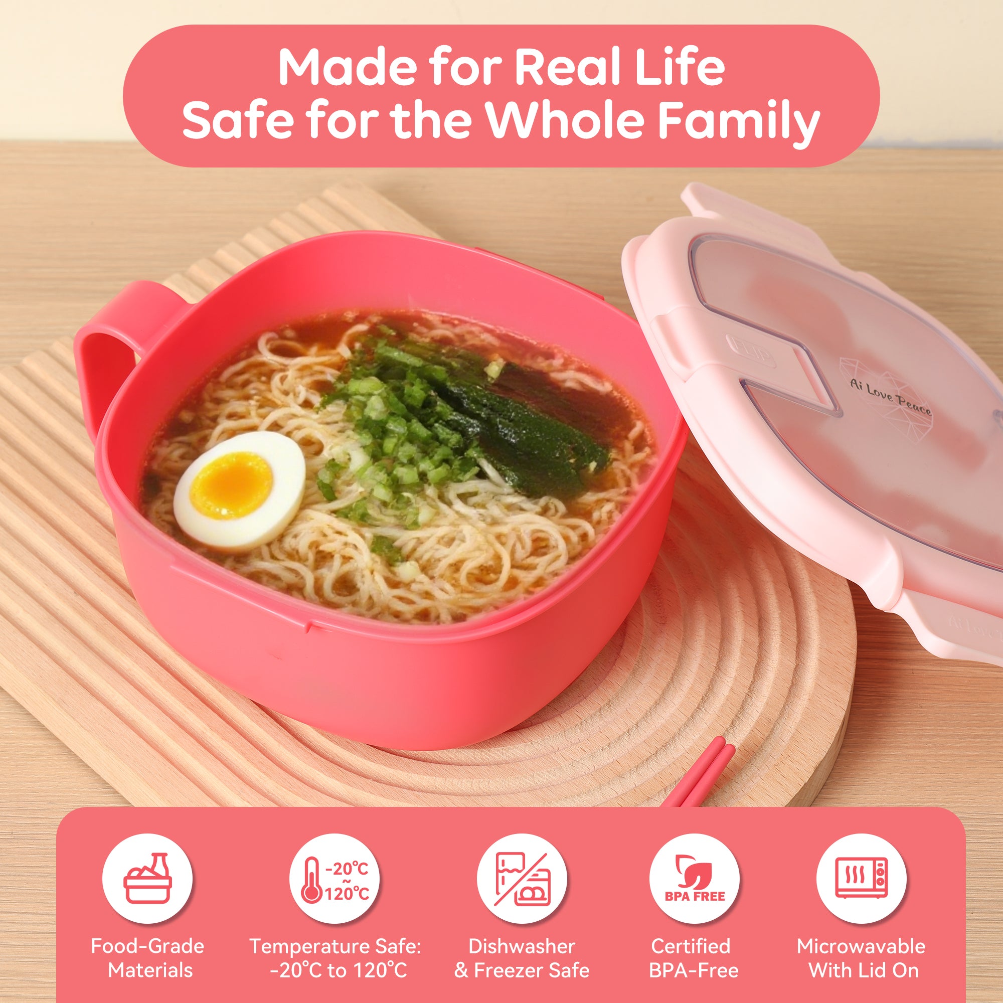 Microwavable Ramen Bowl - Leakproof Container with Lid & Built-In Utensils
