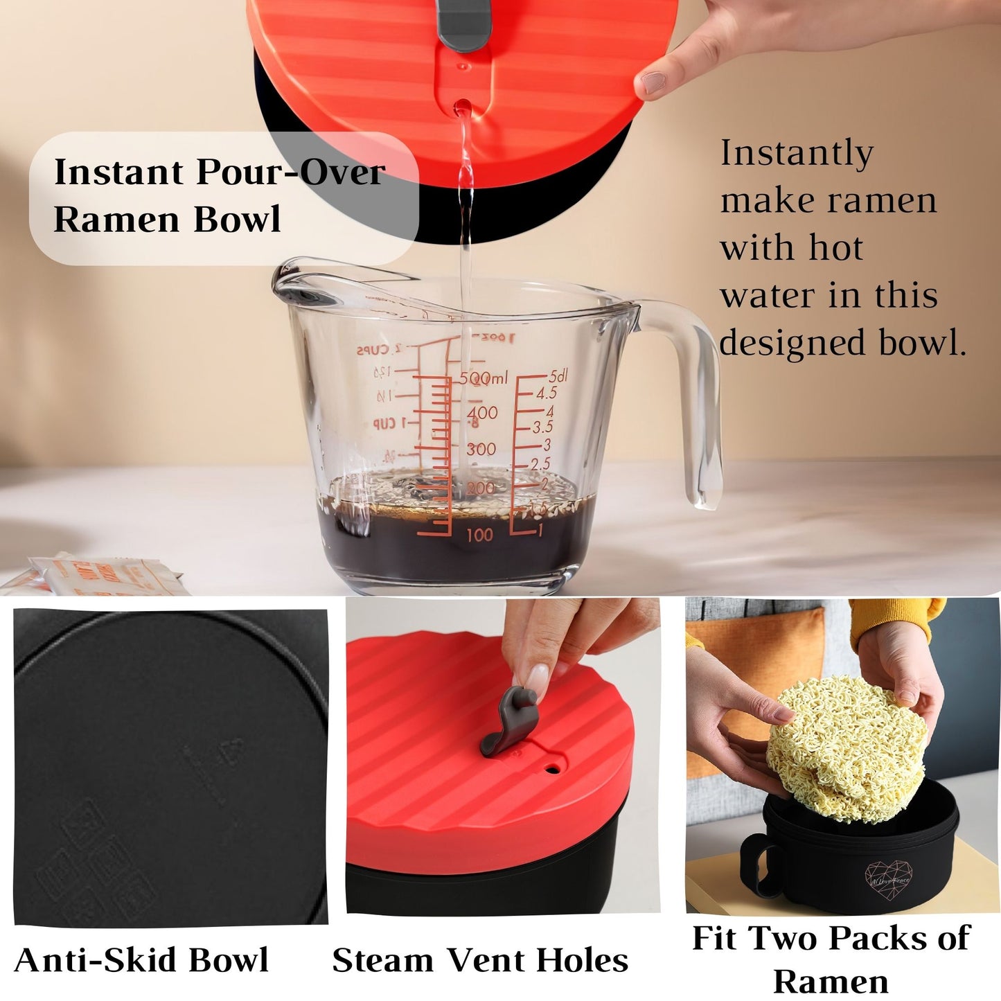 Ai Love Peace Ramen Bowl, Ramen Cooker, Microwave Ramen Bowl, Large Noodle Bowl 40 oz,Microwave Bowl with Lid, Portable Noodle Bowls, Ramen Bowl Microwavable for Home Office Dorm Room College gift.