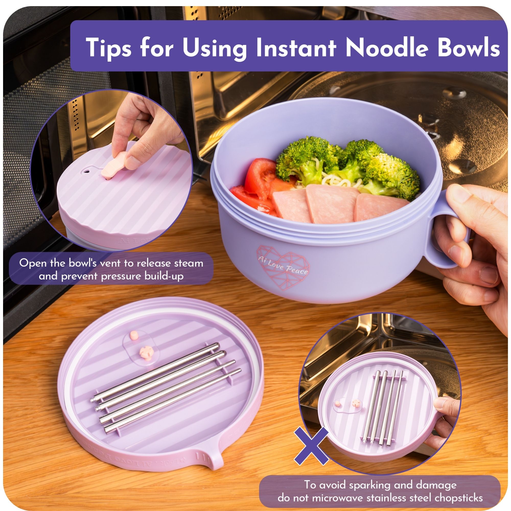 Ai Love Peace Ramen Bowl, Ramen Cooker, Microwave Ramen Bowl, Large Noodle Bowl 40 oz,Microwave Bowl with Lid, Portable Noodle Bowls, Ramen Bowl Microwavable for Home Office Dorm Room College gift.