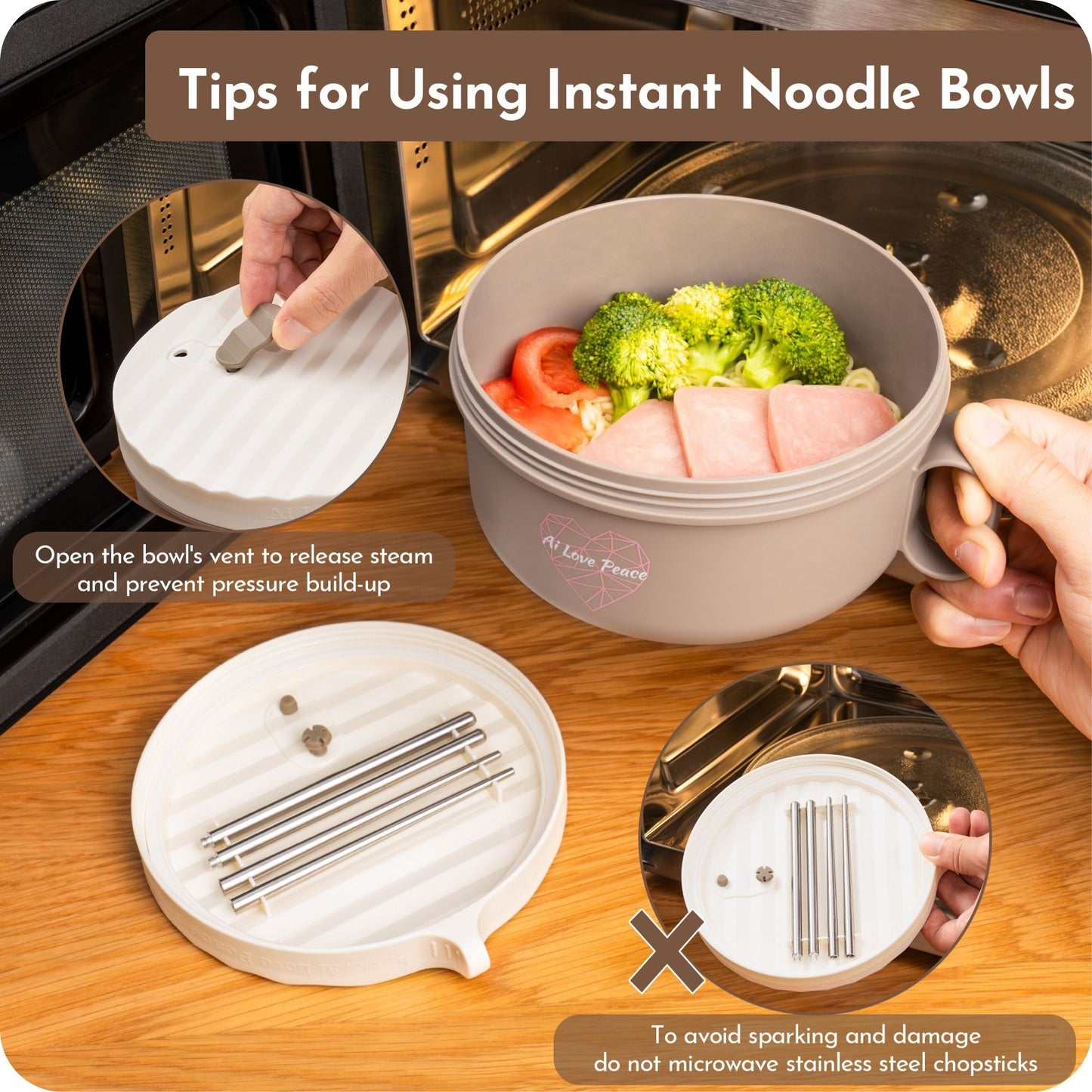 Ai Love Peace Ramen Bowl, Ramen Cooker, Microwave Ramen Bowl, Large Noodle Bowl 40 oz,Microwave Bowl with Lid, Portable Noodle Bowls, Ramen Bowl Microwavable for Home Office Dorm Room College gift.