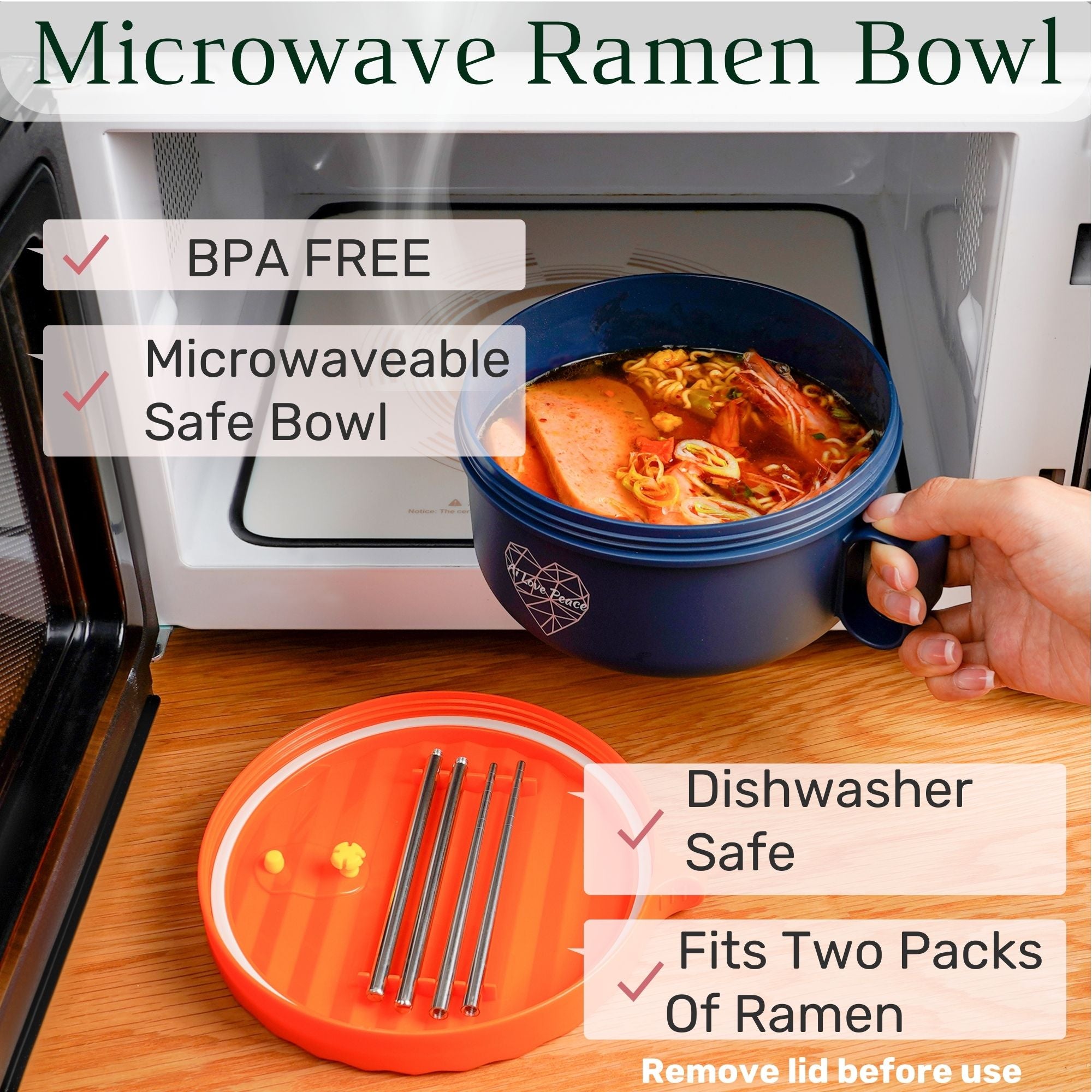 Ai Love Peace Ramen Bowl, Ramen Cooker, Microwave Ramen Bowl, Large Noodle Bowl 40 oz,Microwave Bowl with Lid, Portable Noodle Bowls, Ramen Bowl Microwavable for Home Office Dorm Room College gift.