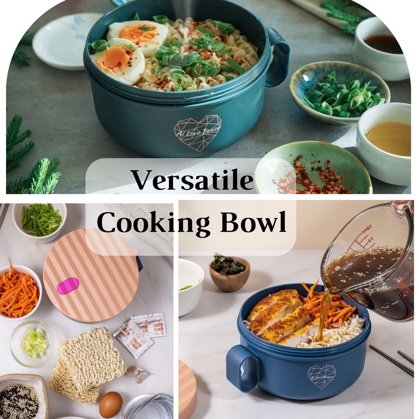 Ai Love Peace Ramen Bowl, Ramen Cooker, Microwave Ramen Bowl, Large Noodle Bowl 40 oz,Microwave Bowl with Lid, Portable Noodle Bowls, Ramen Bowl Microwavable for Home Office Dorm Room College gift.
