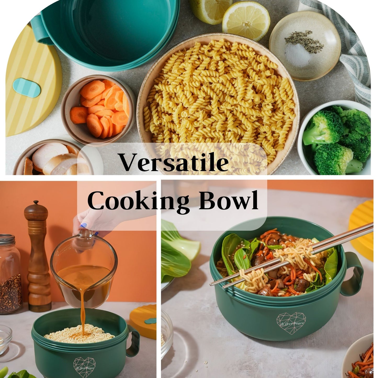 Ai Love Peace Ramen Bowl, Ramen Cooker, Microwave Ramen Bowl, Large Noodle Bowl 40 oz,Microwave Bowl with Lid, Portable Noodle Bowls, Ramen Bowl Microwavable for Home Office Dorm Room College gift.