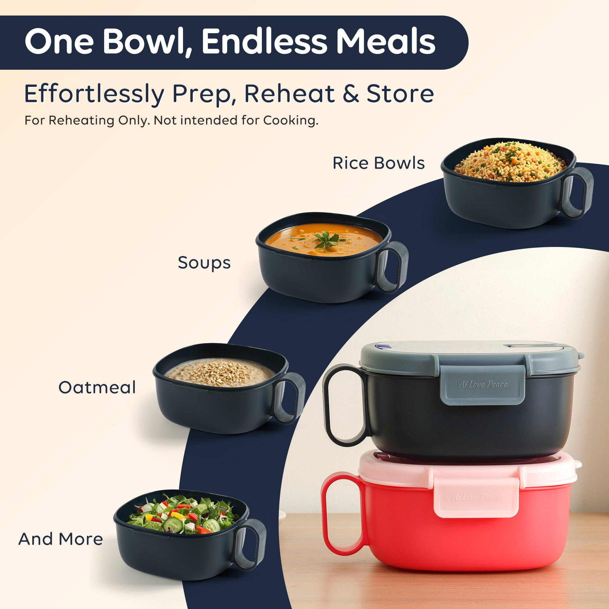 Ai Love Peace Square Dual Bowl Set — Microwave-Safe Ramen Bowls That Don't Burn Your Hands