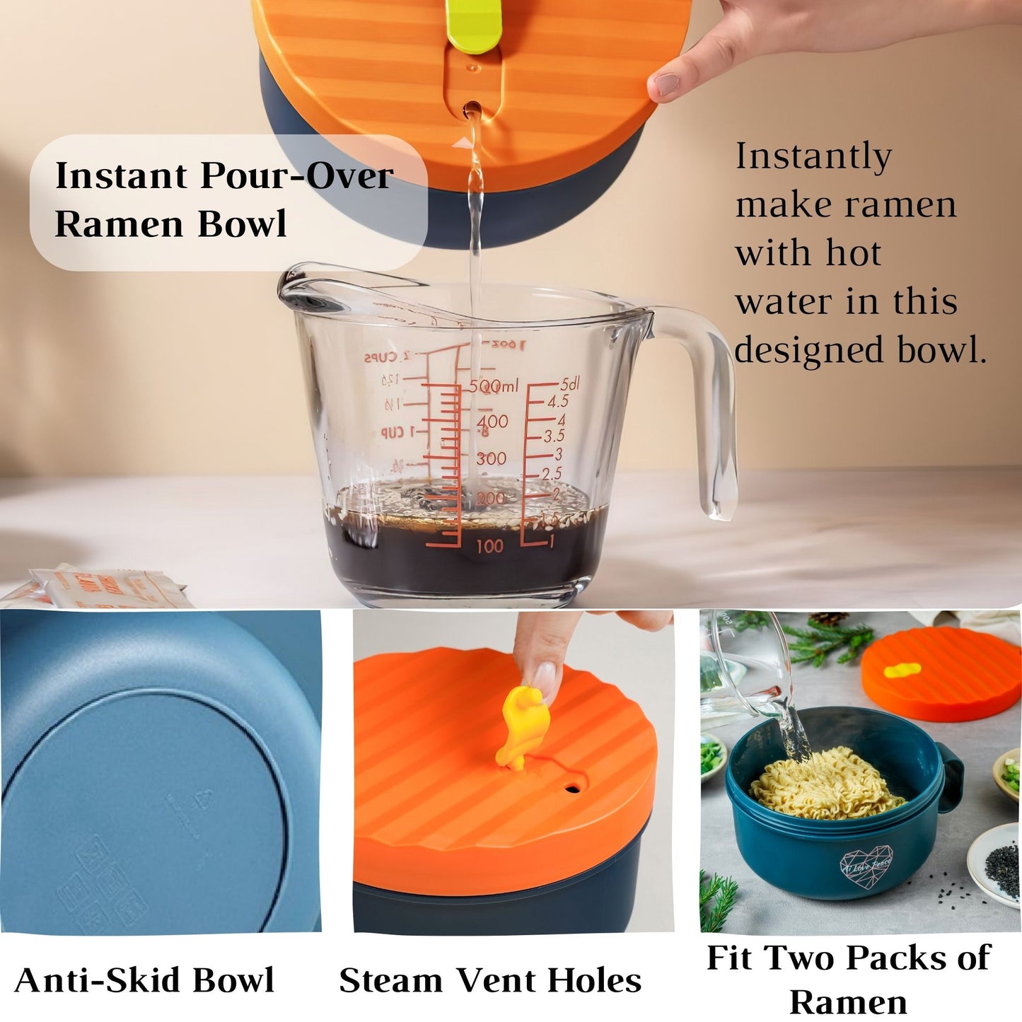 Ai Love Peace Ramen Bowl, Ramen Cooker, Microwave Ramen Bowl, Large Noodle Bowl 40 oz,Microwave Bowl with Lid, Portable Noodle Bowls, Ramen Bowl Microwavable for Home Office Dorm Room College gift.