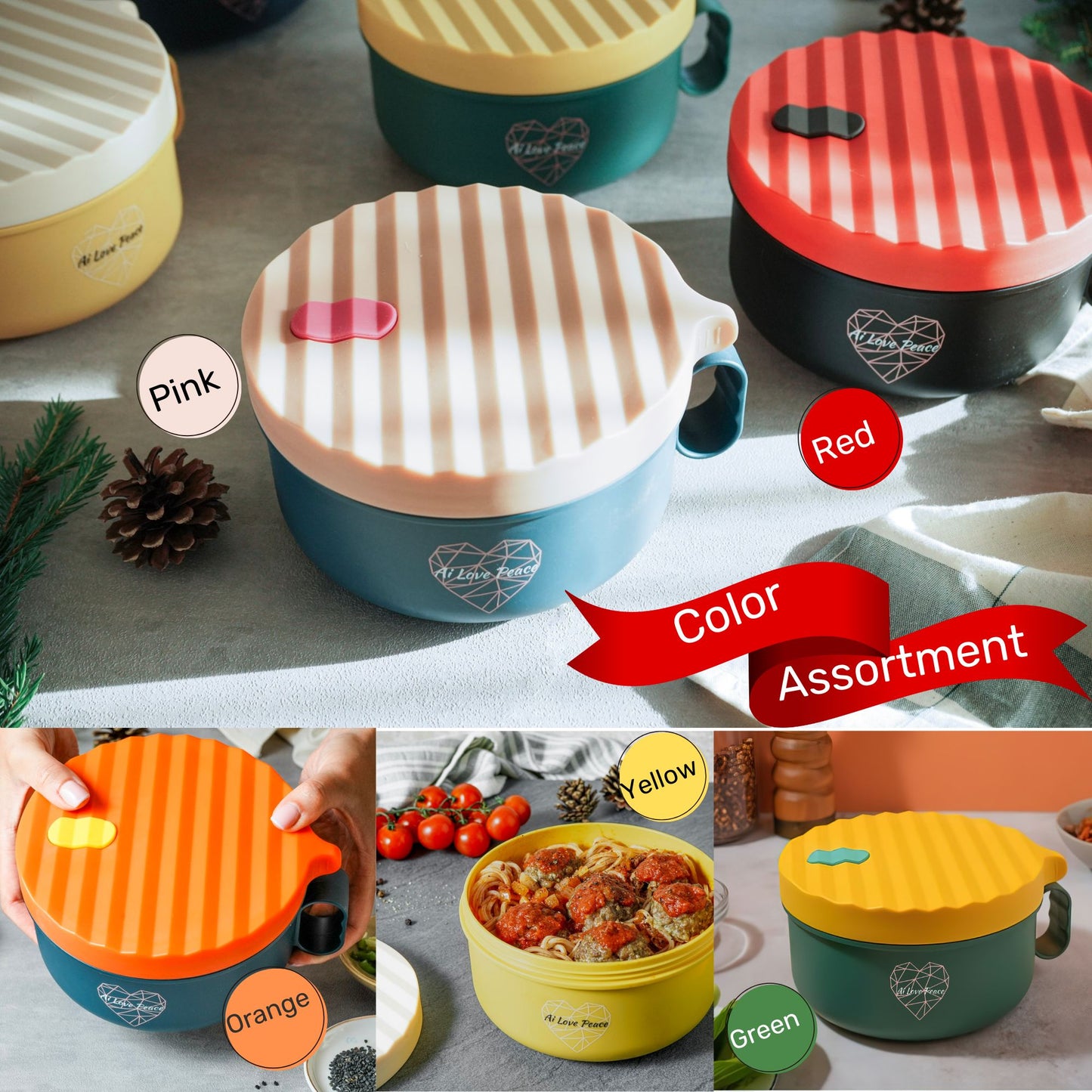 Ai Love Peace Ramen Bowl, Ramen Cooker, Microwave Ramen Bowl, Large Noodle Bowl 40 oz,Microwave Bowl with Lid, Portable Noodle Bowls, Ramen Bowl Microwavable for Home Office Dorm Room College gift.