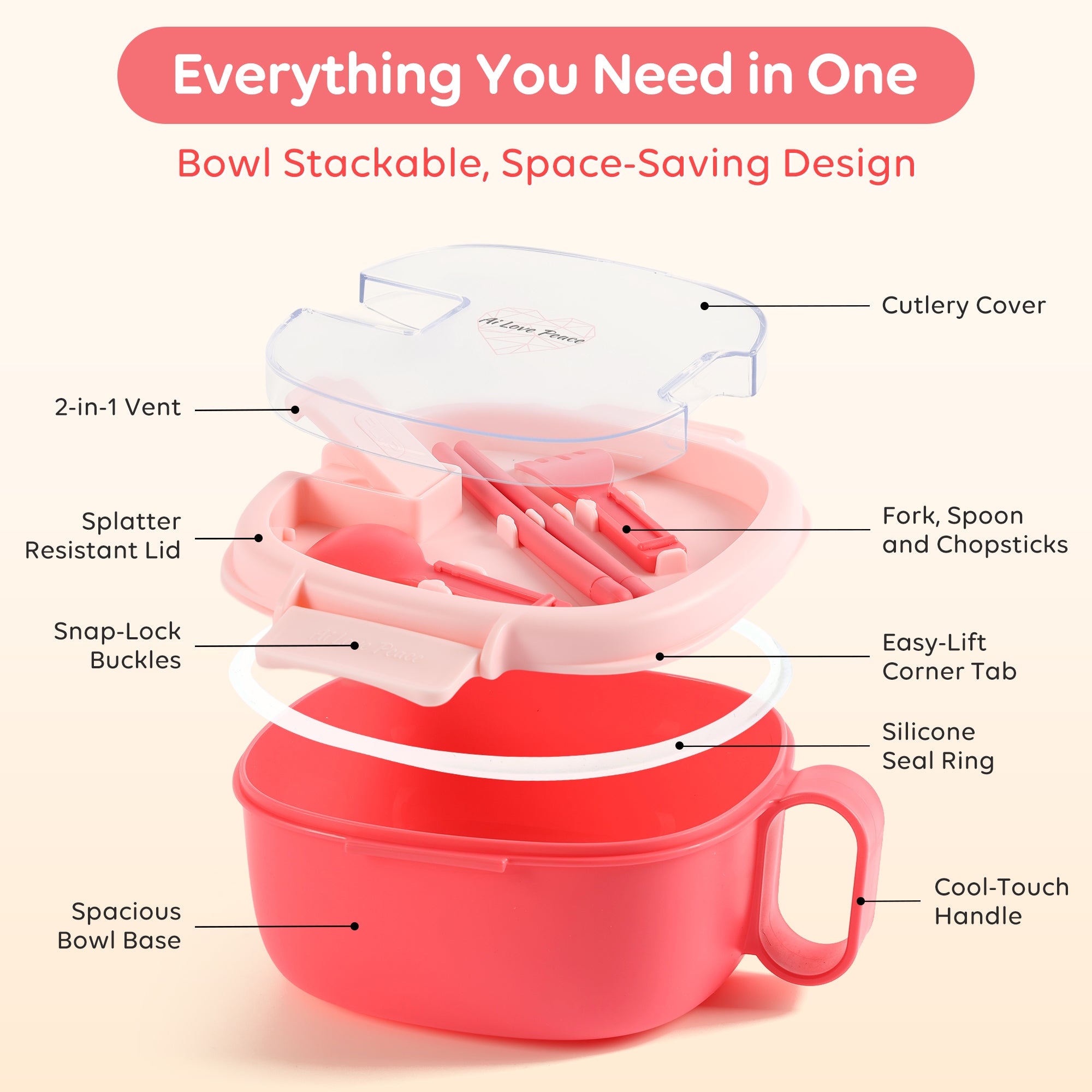 Microwavable Ramen Bowl - Leakproof Container with Lid & Built-In Utensils