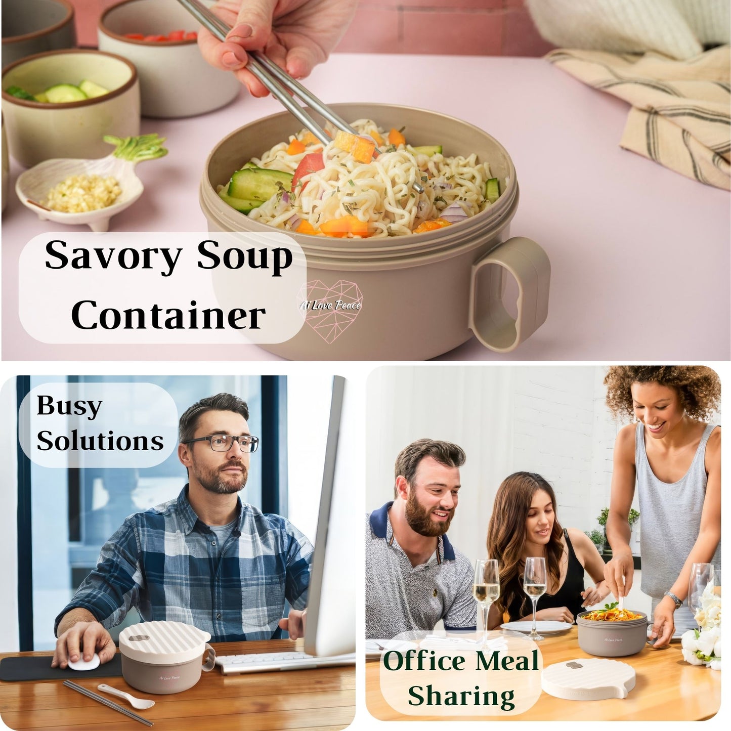 Ai Love Peace Ramen Bowl, Ramen Cooker, Microwave Ramen Bowl, Large Noodle Bowl 40 oz,Microwave Bowl with Lid, Portable Noodle Bowls, Ramen Bowl Microwavable for Home Office Dorm Room College gift.