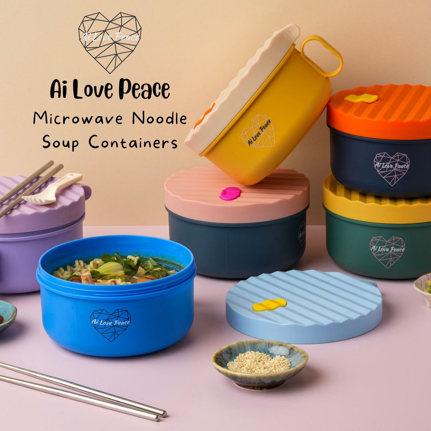 Ai Love Peace Ramen Bowl, Ramen Cooker, Microwave Ramen Bowl, Large Noodle Bowl 40 oz,Microwave Bowl with Lid, Portable Noodle Bowls, Ramen Bowl Microwavable for Home Office Dorm Room College gift.
