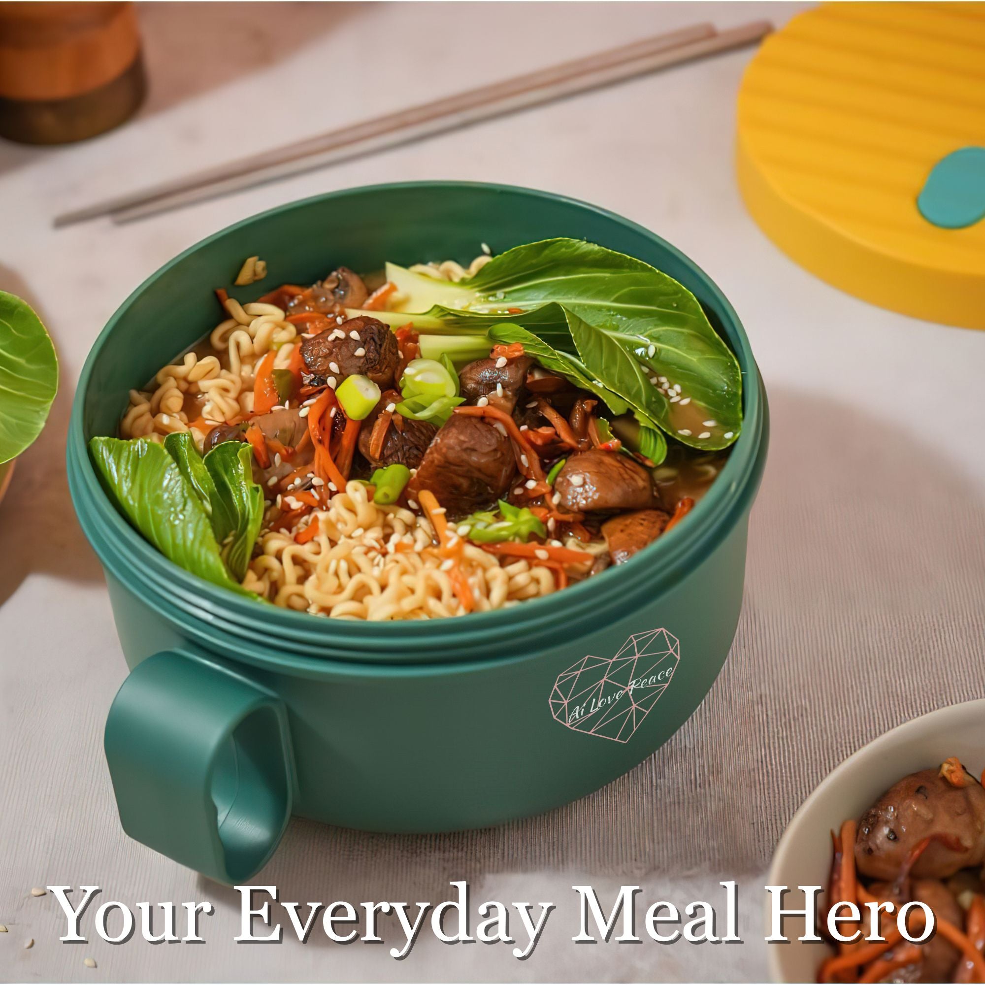 Ai Love Peace Ramen Bowl, Ramen Cooker, Microwave Ramen Bowl, Large Noodle Bowl 40 oz,Microwave Bowl with Lid, Portable Noodle Bowls, Ramen Bowl Microwavable for Home Office Dorm Room College gift.