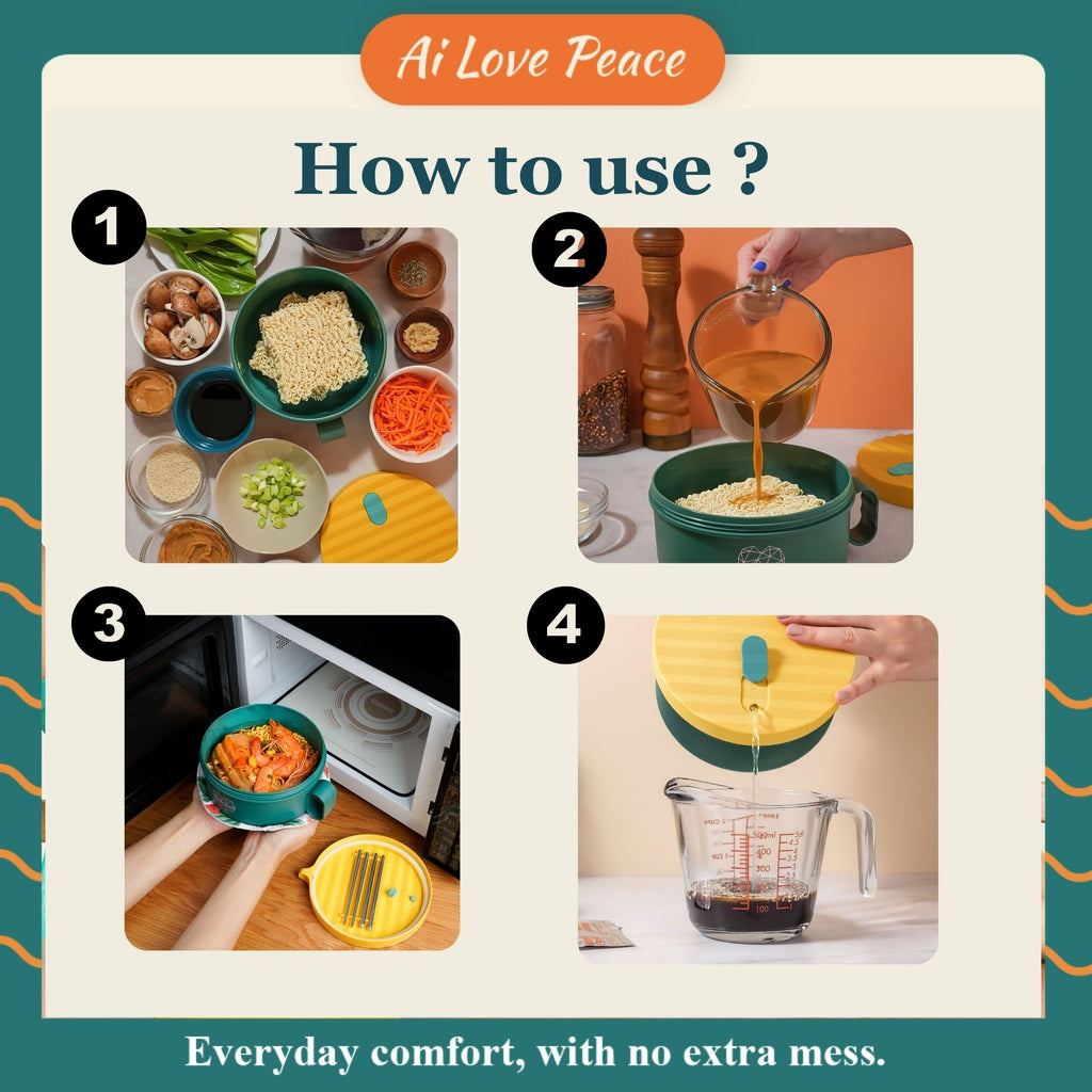 Ai Love Peace Ramen Bowl, Ramen Cooker, Microwave Ramen Bowl, Large Noodle Bowl 40 oz,Microwave Bowl with Lid, Portable Noodle Bowls, Ramen Bowl Microwavable for Home Office Dorm Room College gift.