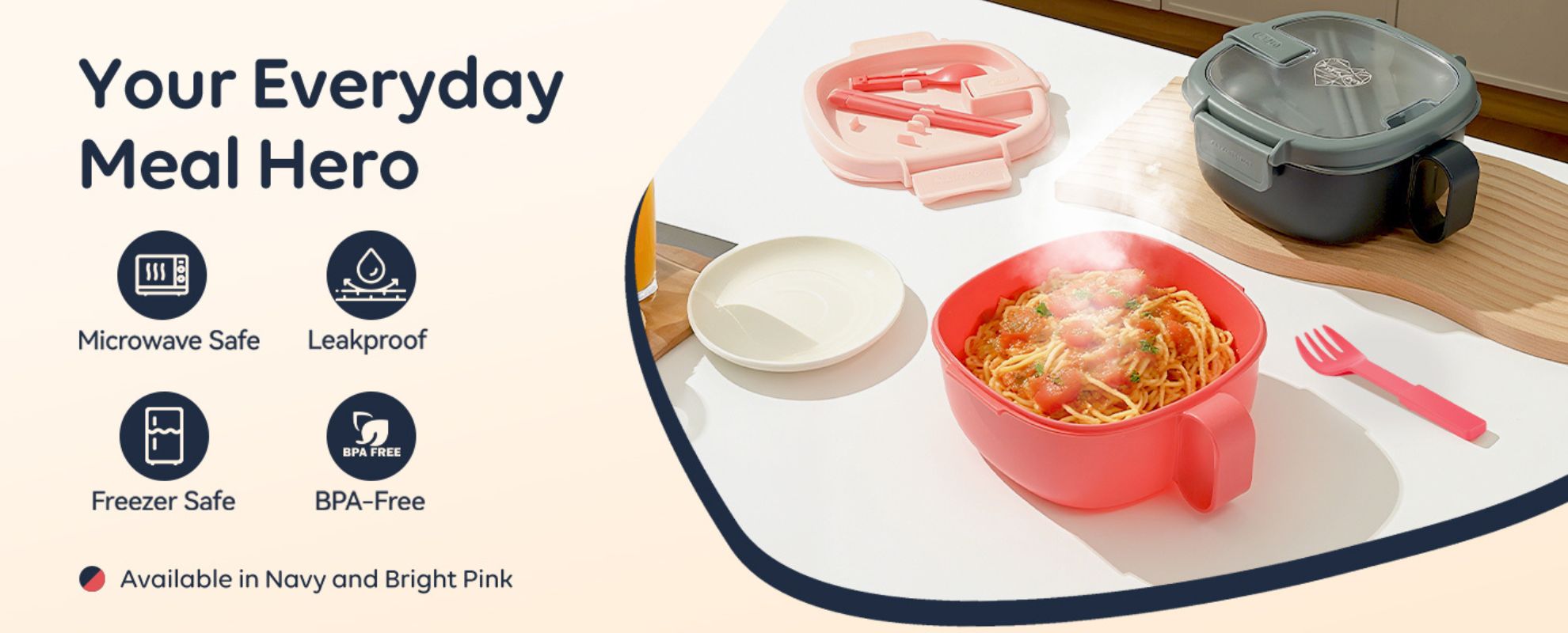 Meal prep container set with noodles on a white surface, featuring icons for safety features.