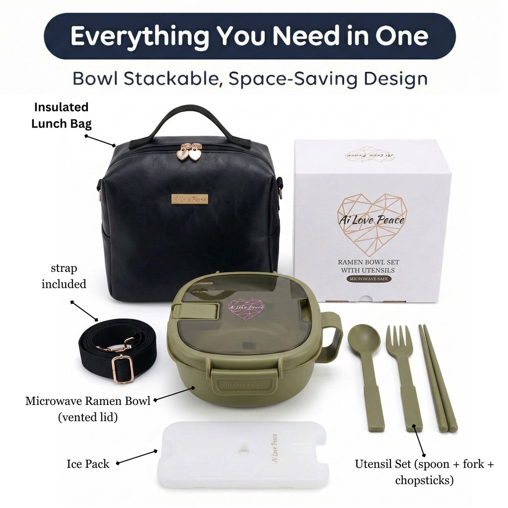 Ai Love Peace Ramen Bowl Gift Set with Insulated Lunch Bag & Ice Pack