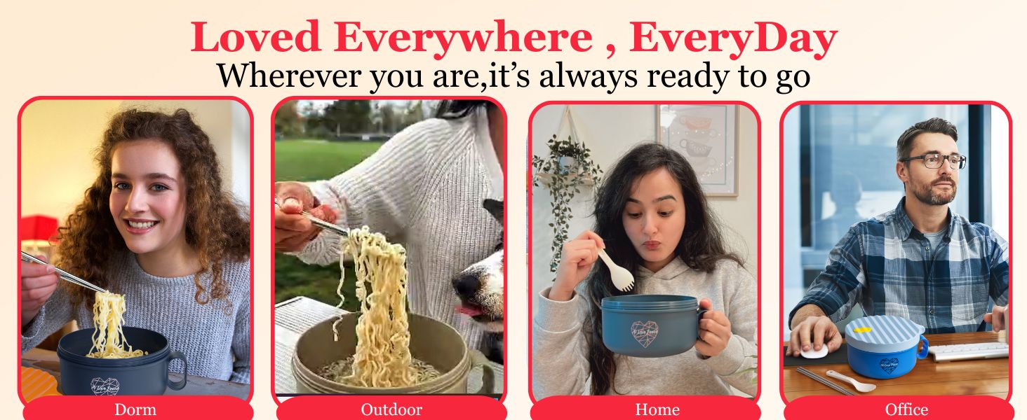 Four people using Ai Love Peace portable noodle bowls in different settings—dorm, outdoors, home, and office—showing convenient ramen bowl for quick meals anywhere, anytime.