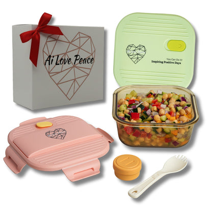 Ai Love Peace Glass Lunch Container – Perfect for On-the-Go Meals ( Pink & Green)