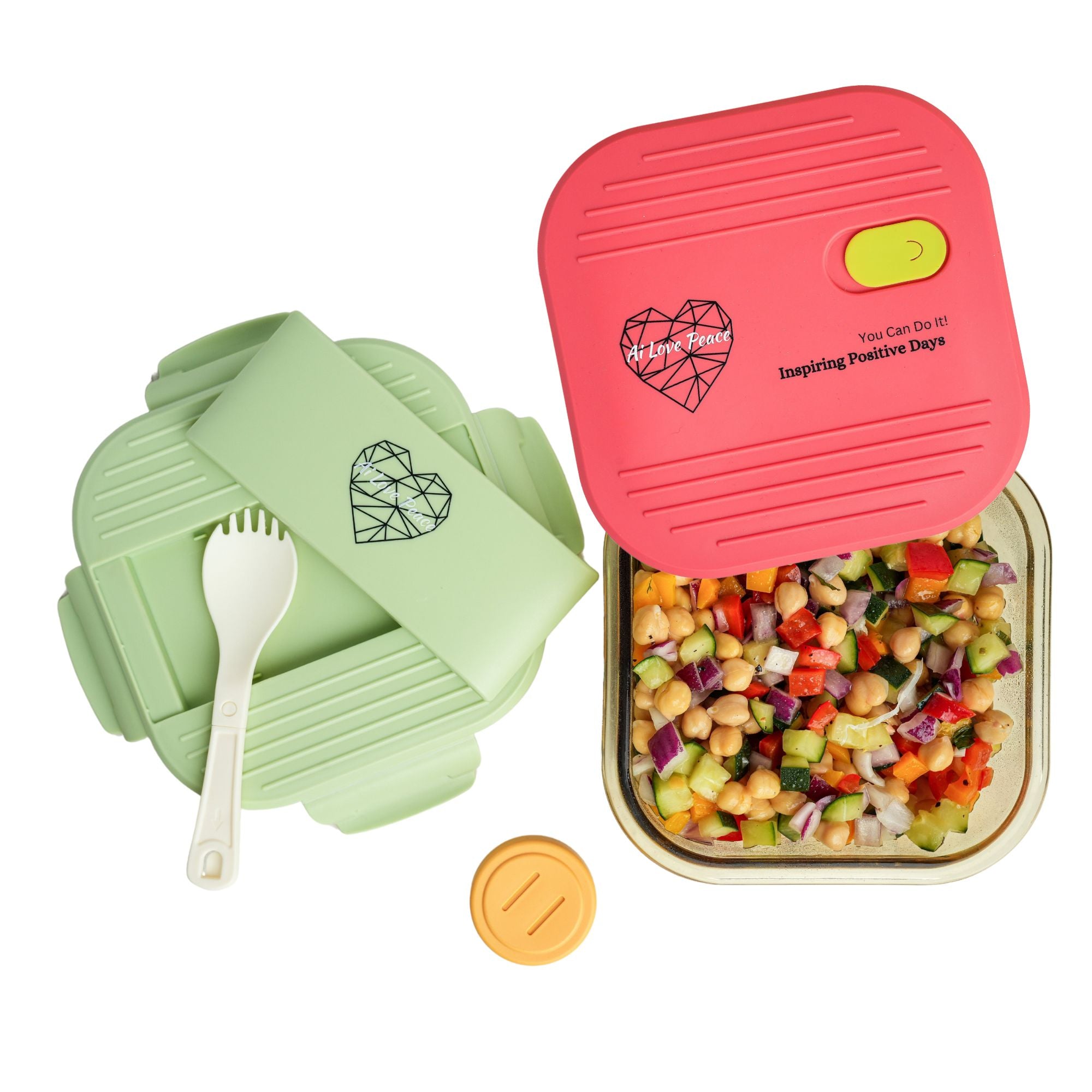 Ai Love Peace Glass Lunch Container – Perfect for On-the-Go Meals ( Green & Red)