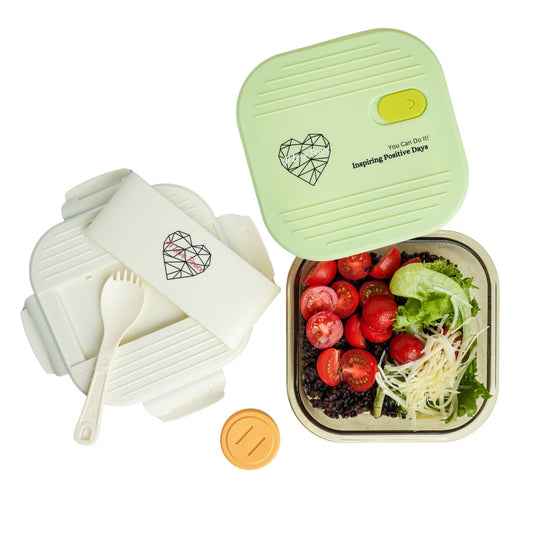 Ai Love Peace Glass Lunch Container – Perfect for On-the-Go Meals( White & Green)