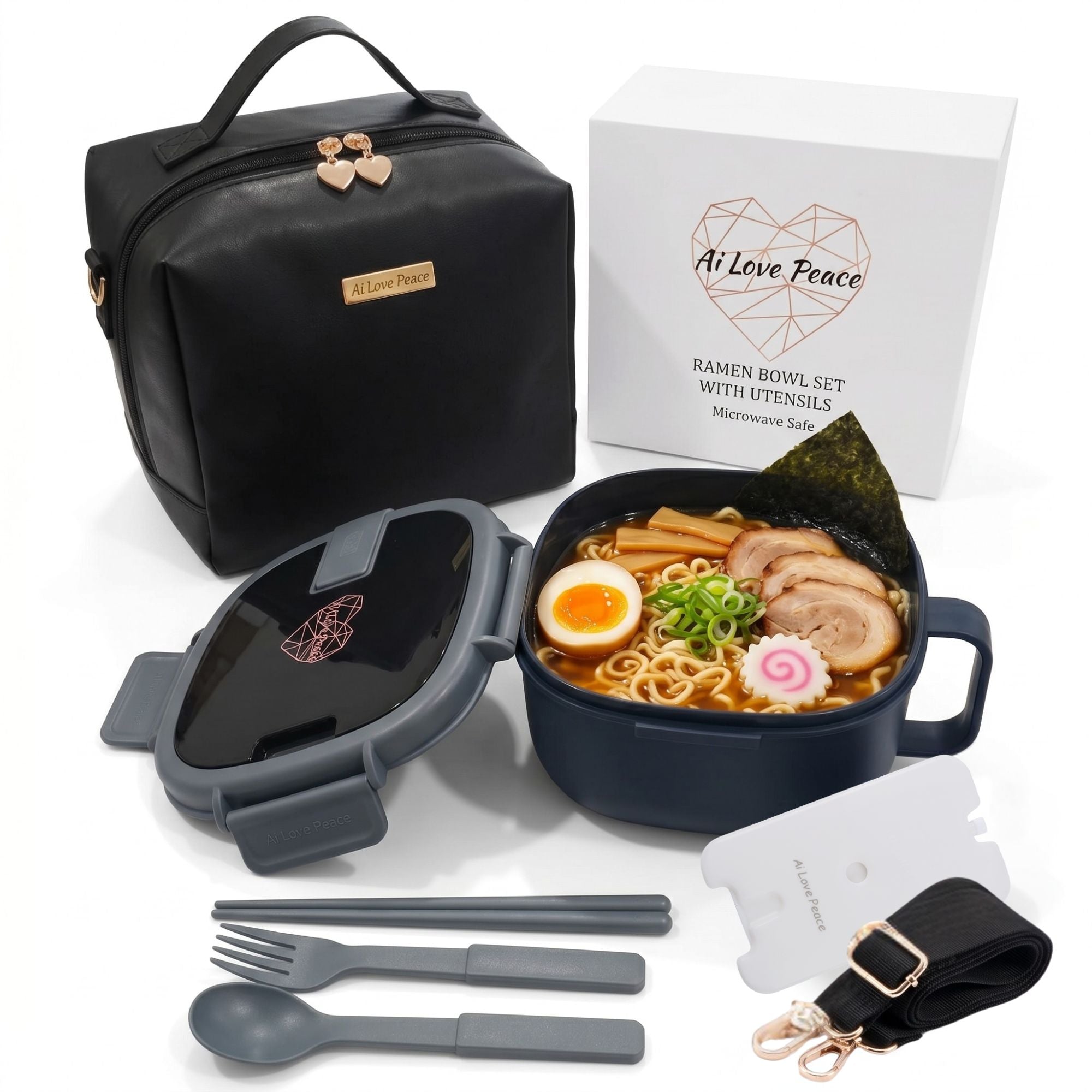 Ai Love Peace Ramen Bowl Gift Set with Insulated Lunch Bag & Ice Pack